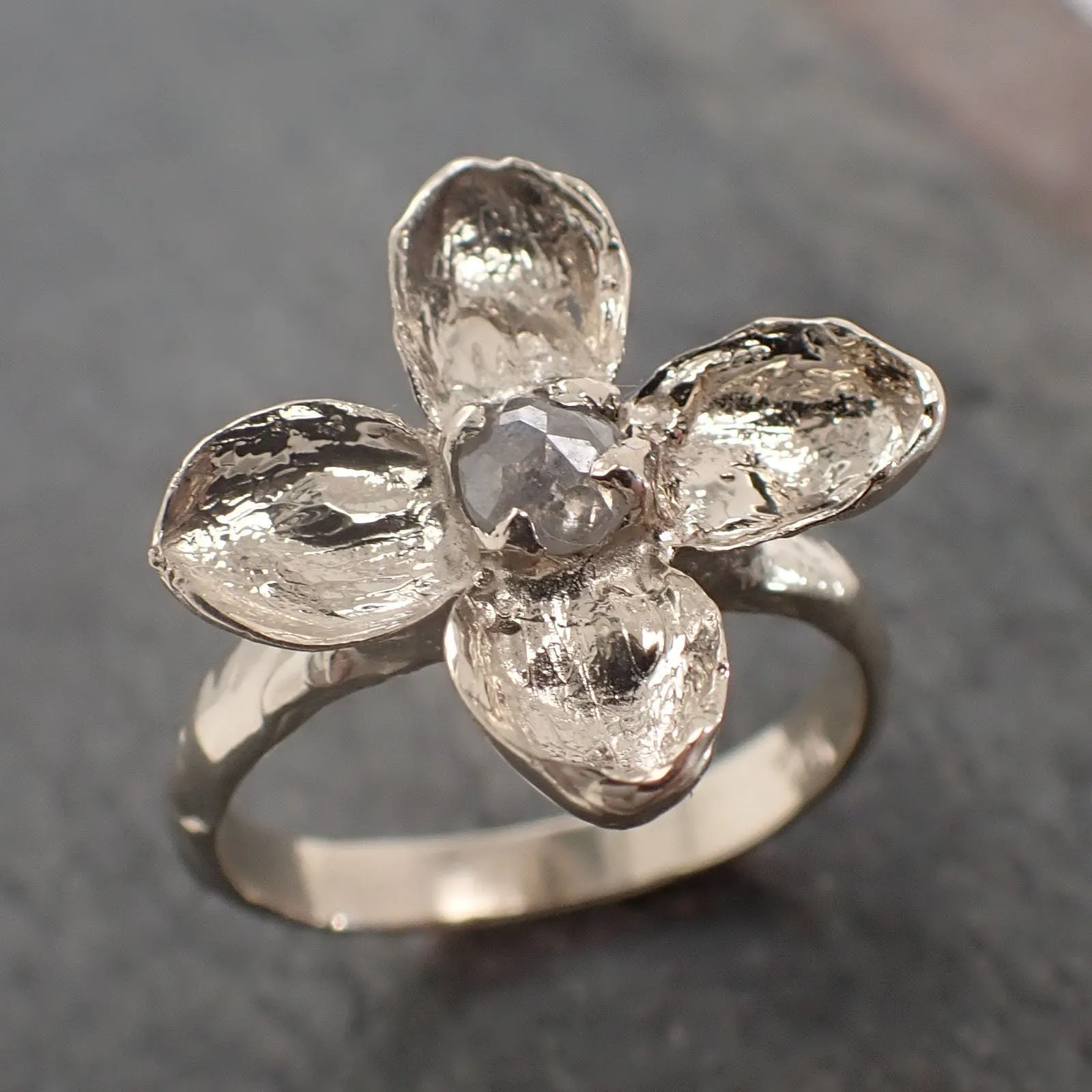 Real Flower and fancy cut diamond 18k White gold wedding engagement ring Enchanted Garden Floral Ring byAngeline 2992
