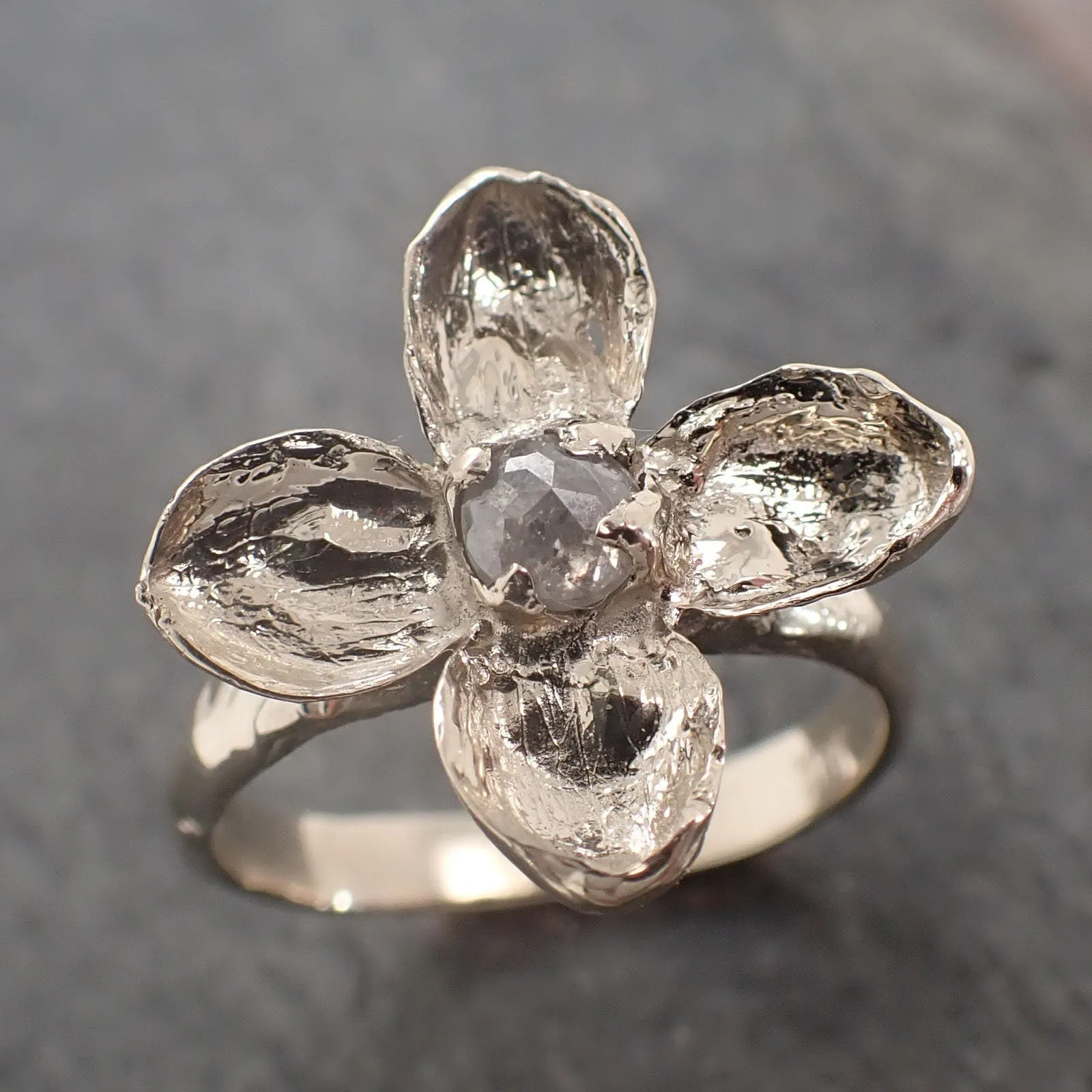 Real Flower and fancy cut diamond 18k White gold wedding engagement ring Enchanted Garden Floral Ring byAngeline 2992