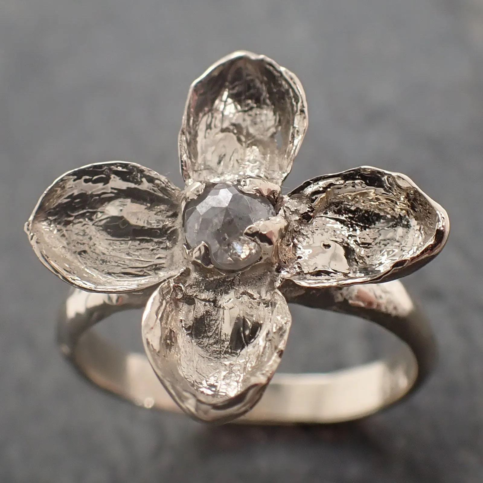 Real Flower and fancy cut diamond 18k White gold wedding engagement ring Enchanted Garden Floral Ring byAngeline 2992