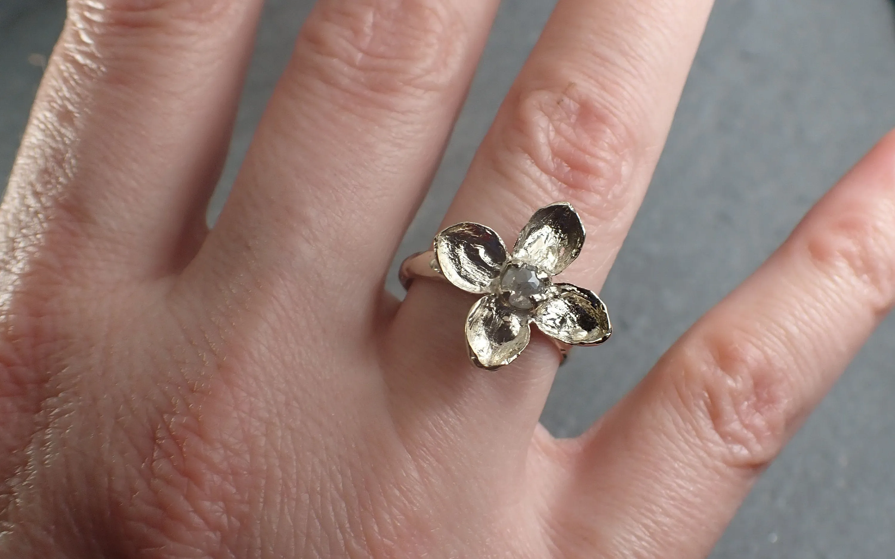 Real Flower and fancy cut diamond 18k White gold wedding engagement ring Enchanted Garden Floral Ring byAngeline 2992