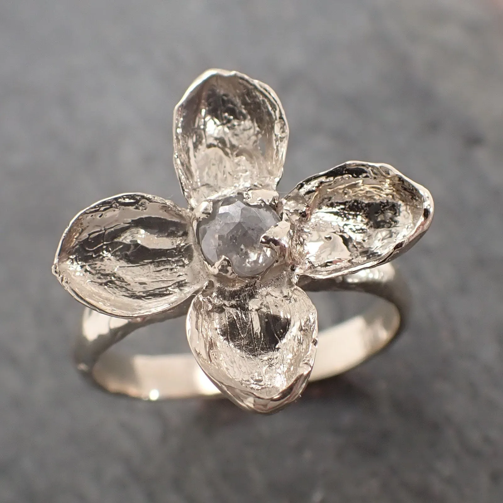 Real Flower and fancy cut diamond 18k White gold wedding engagement ring Enchanted Garden Floral Ring byAngeline 2992