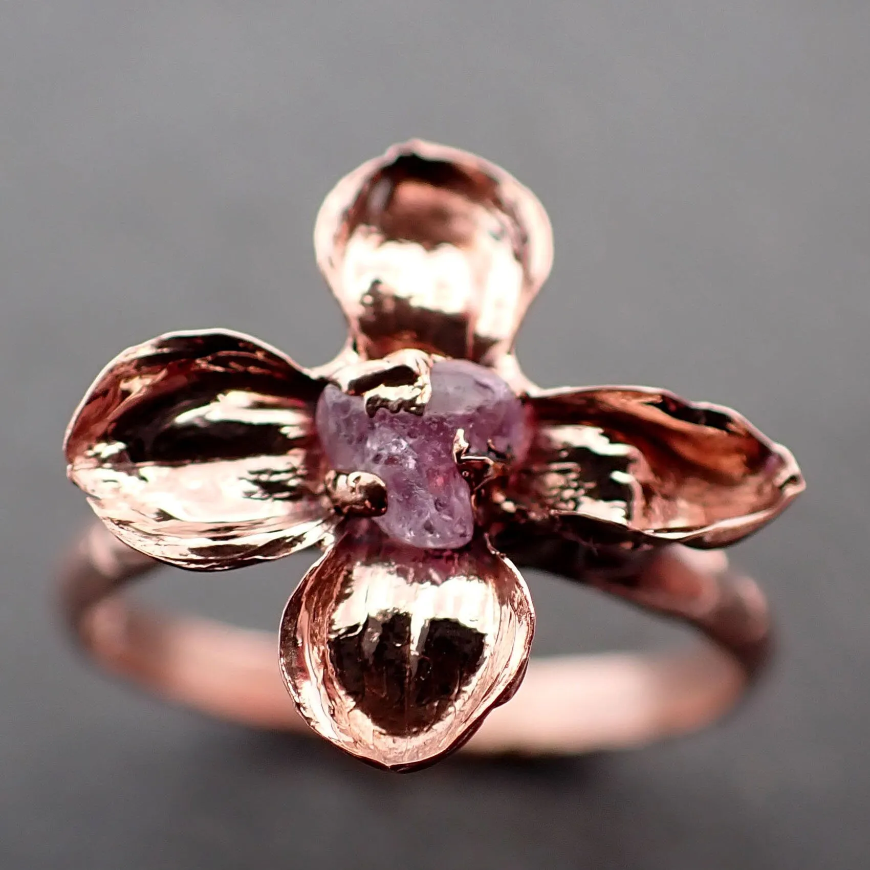 Real Flower and pink Sapphire 14k Rose gold wedding engagement ring Enchanted Garden Floral Ring byAngeline 3391