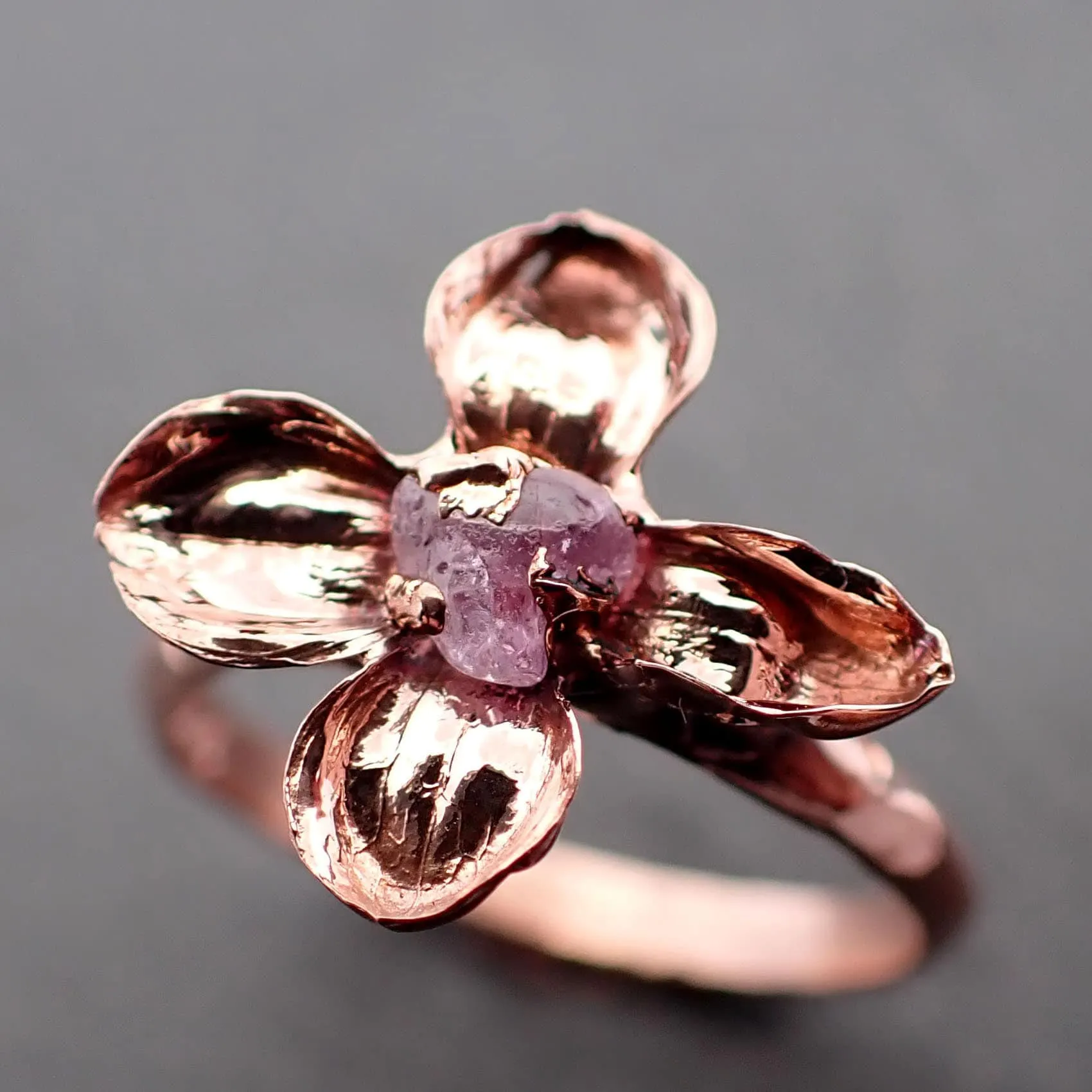 Real Flower and pink Sapphire 14k Rose gold wedding engagement ring Enchanted Garden Floral Ring byAngeline 3391
