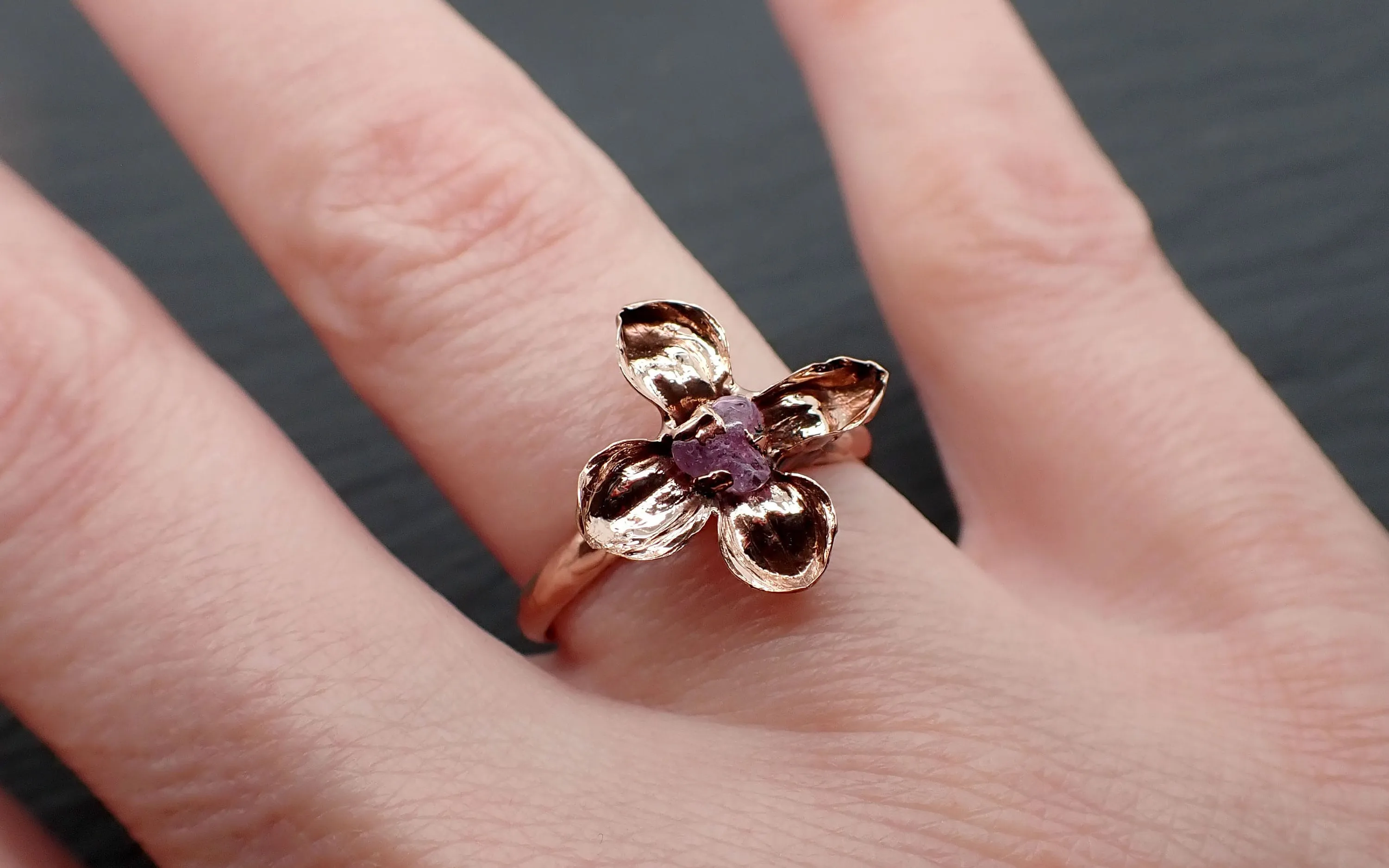 Real Flower and pink Sapphire 14k Rose gold wedding engagement ring Enchanted Garden Floral Ring byAngeline 3391