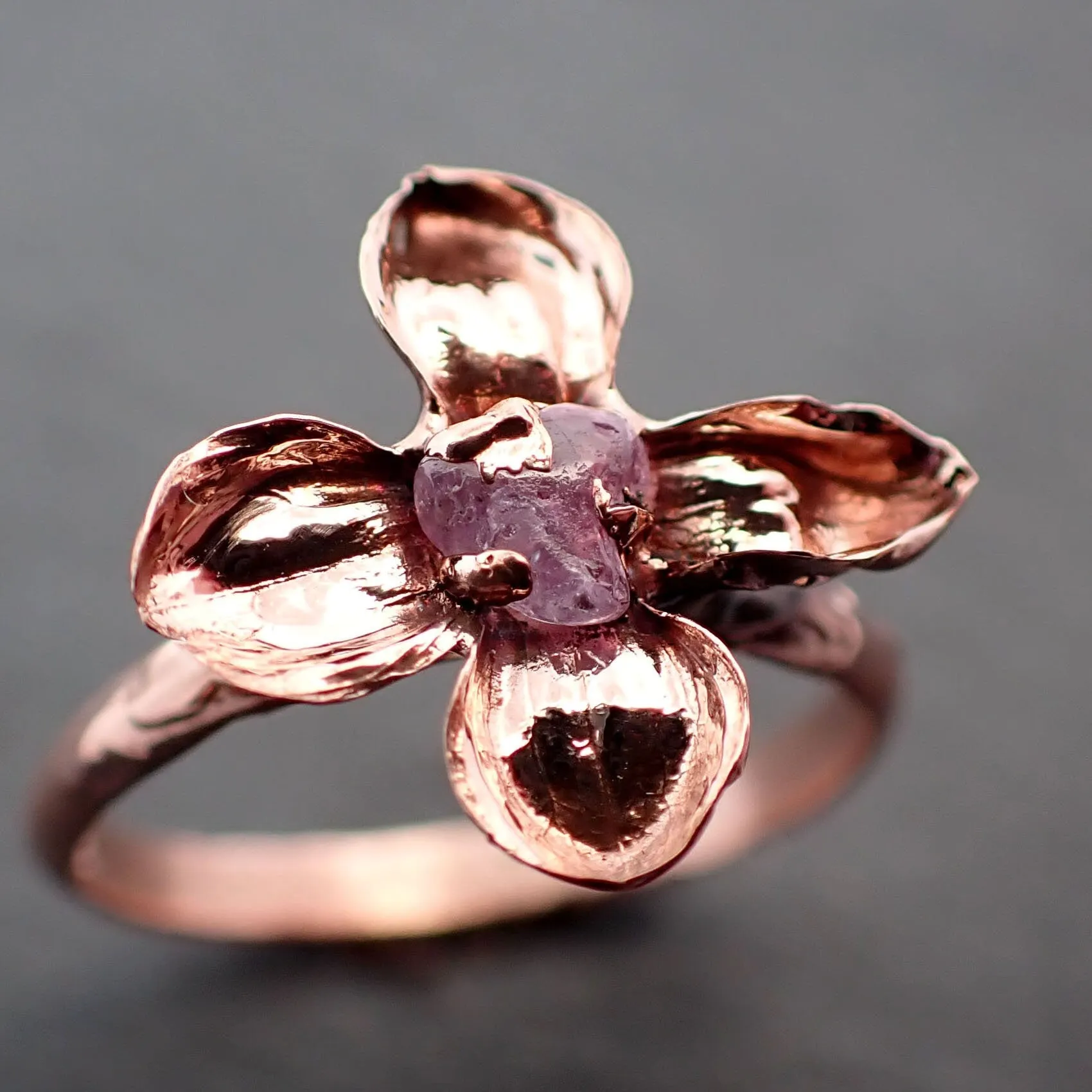 Real Flower and pink Sapphire 14k Rose gold wedding engagement ring Enchanted Garden Floral Ring byAngeline 3391