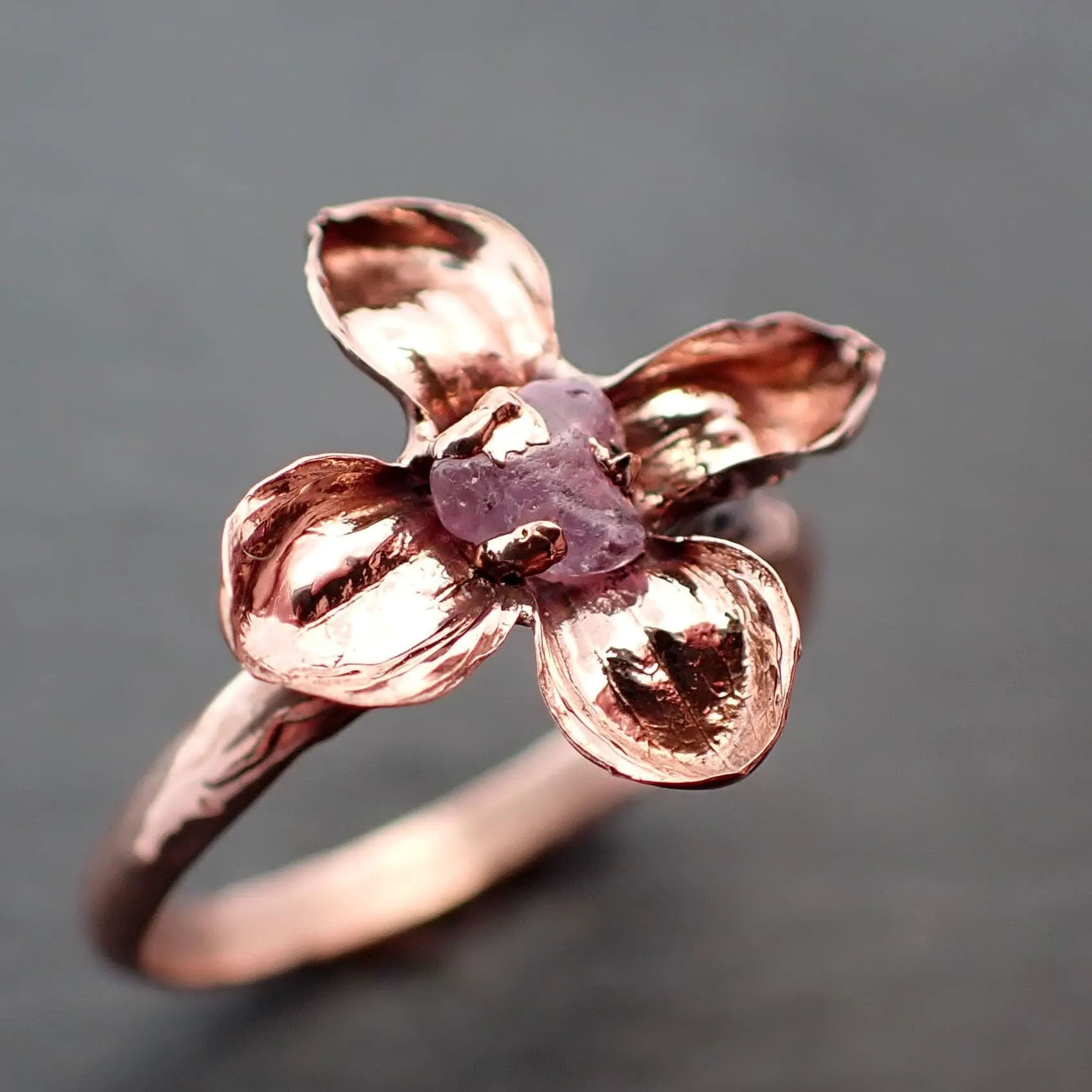 Real Flower and pink Sapphire 14k Rose gold wedding engagement ring Enchanted Garden Floral Ring byAngeline 3391