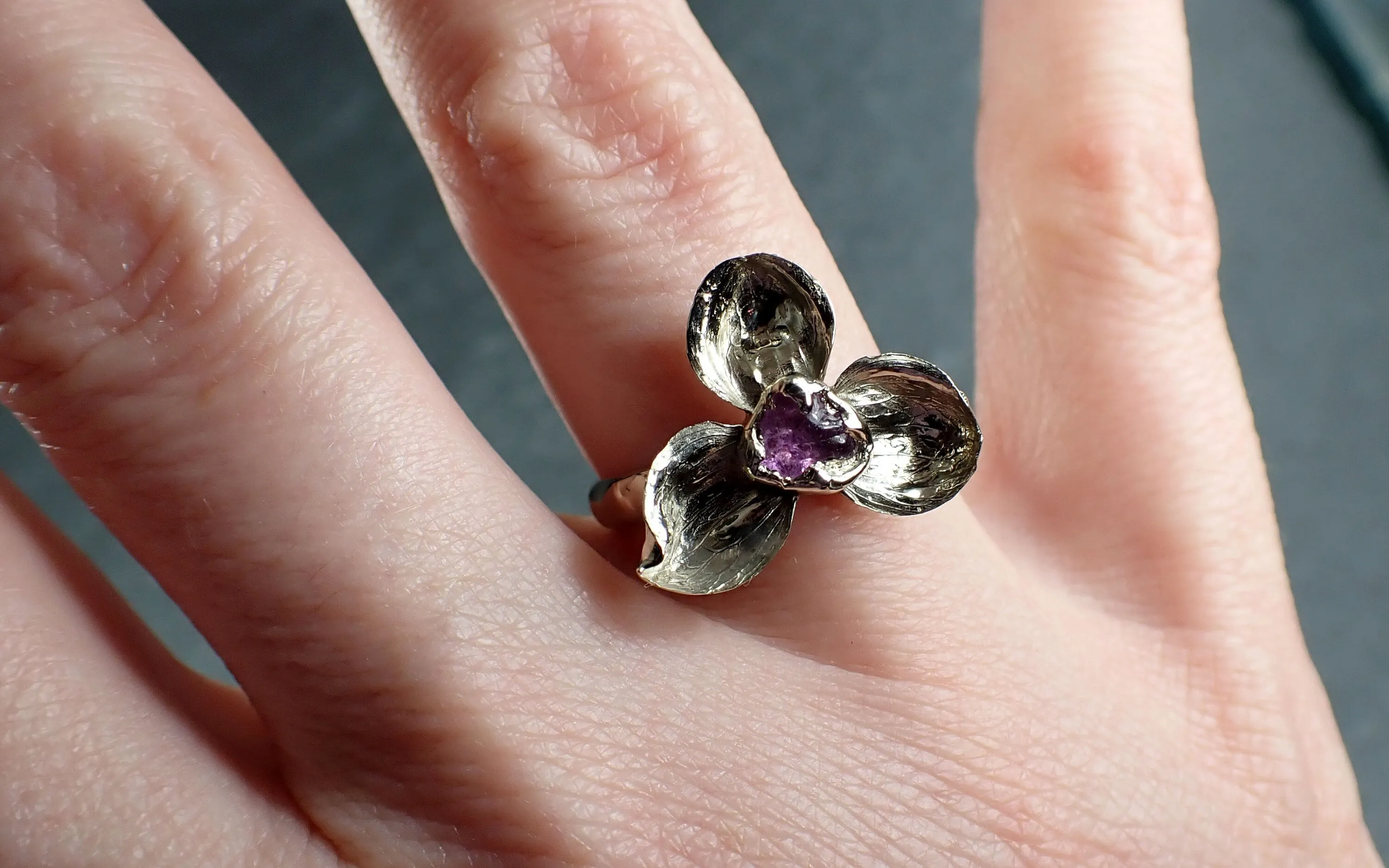 Real Flower and pink Sapphire 14k White gold wedding engagement ring Enchanted Garden Floral Ring byAngeline 2974