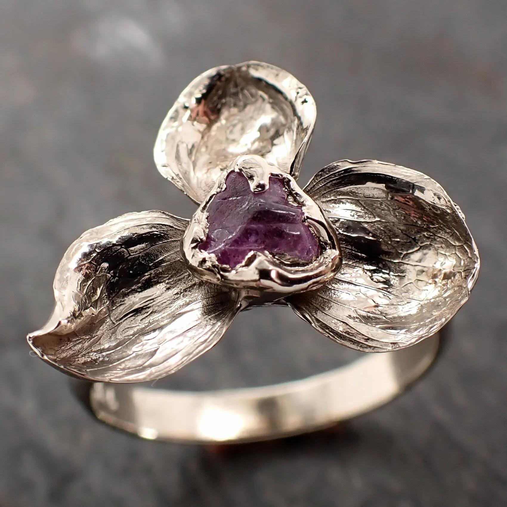 Real Flower and pink Sapphire 14k White gold wedding engagement ring Enchanted Garden Floral Ring byAngeline 2974