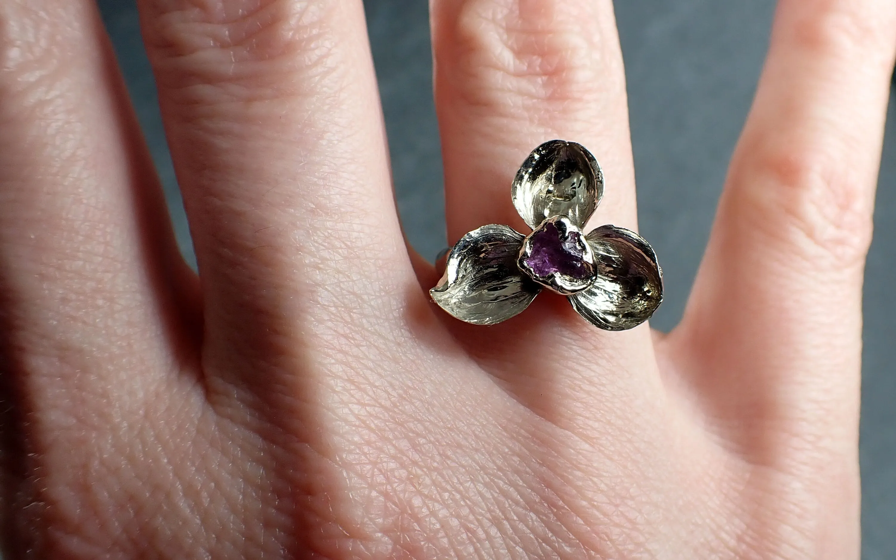 Real Flower and pink Sapphire 14k White gold wedding engagement ring Enchanted Garden Floral Ring byAngeline 2974