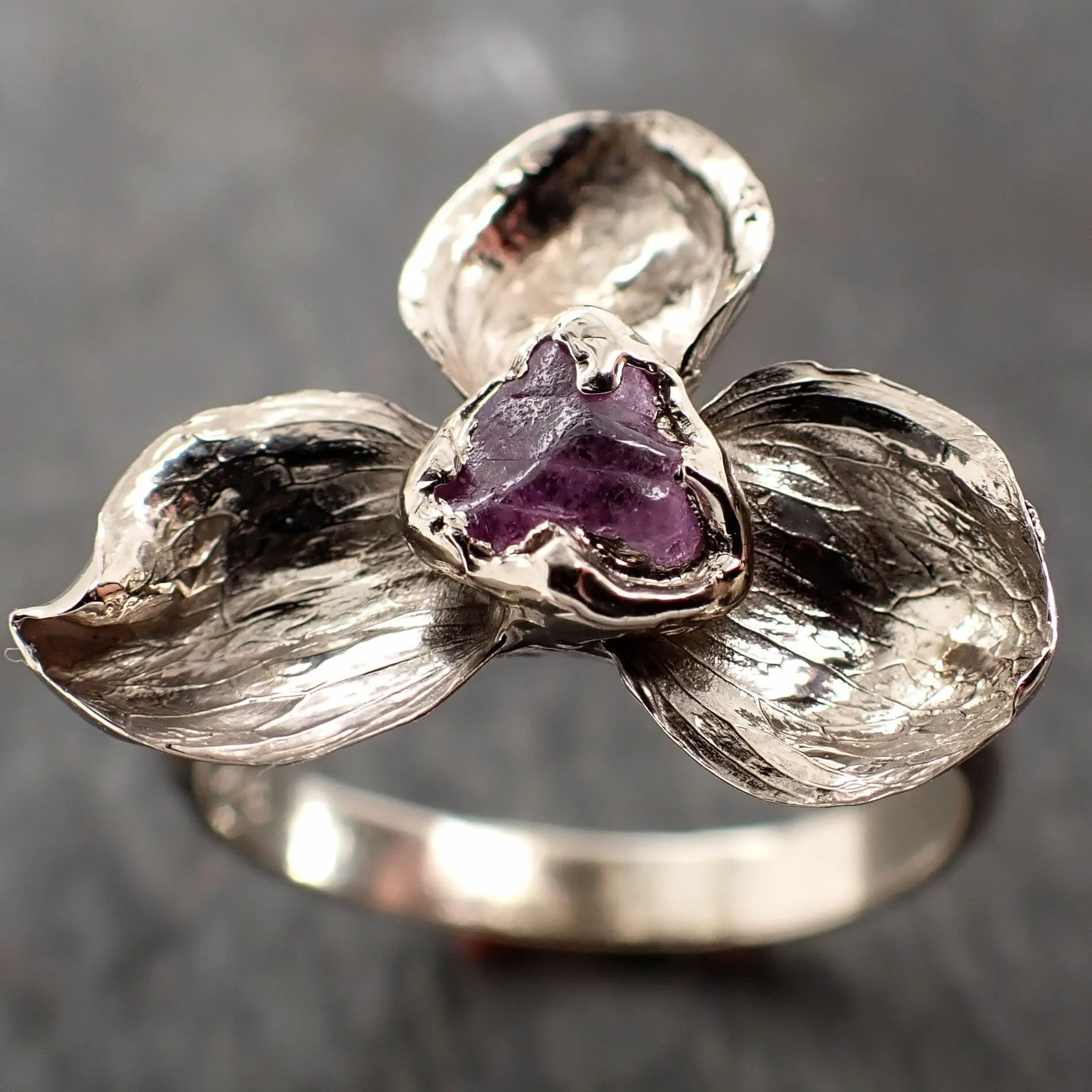 Real Flower and pink Sapphire 14k White gold wedding engagement ring Enchanted Garden Floral Ring byAngeline 2974
