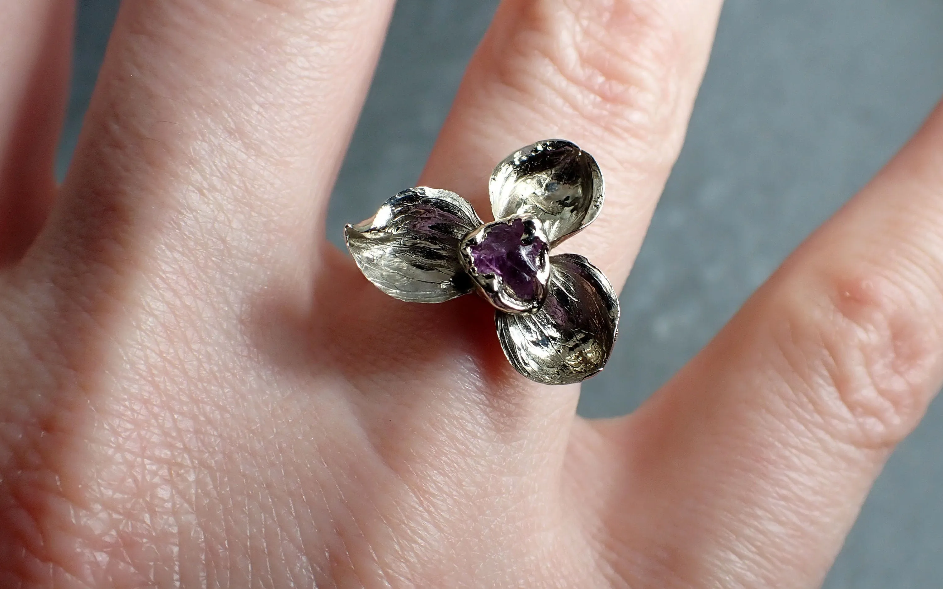 Real Flower and pink Sapphire 14k White gold wedding engagement ring Enchanted Garden Floral Ring byAngeline 2974