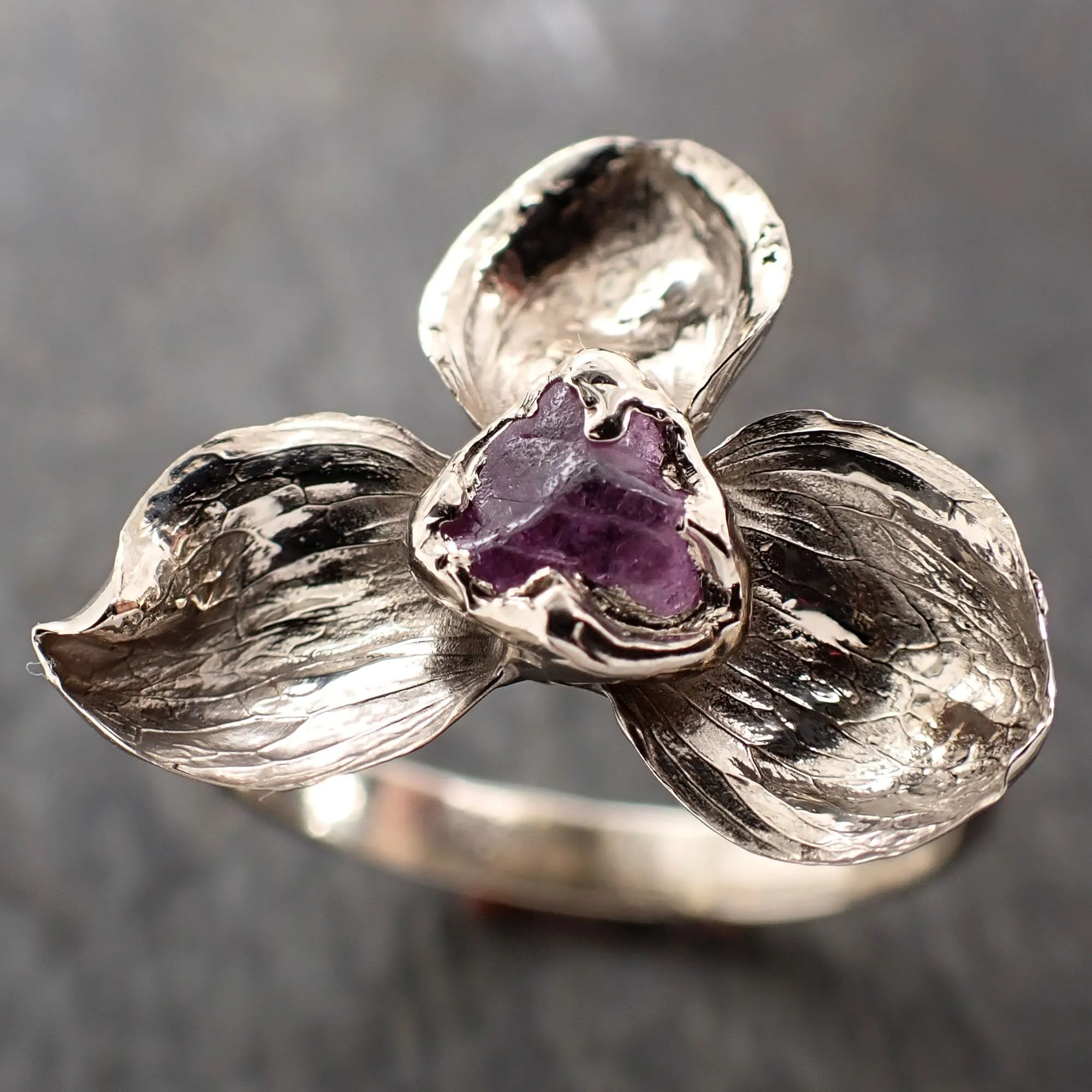 Real Flower and pink Sapphire 14k White gold wedding engagement ring Enchanted Garden Floral Ring byAngeline 2974