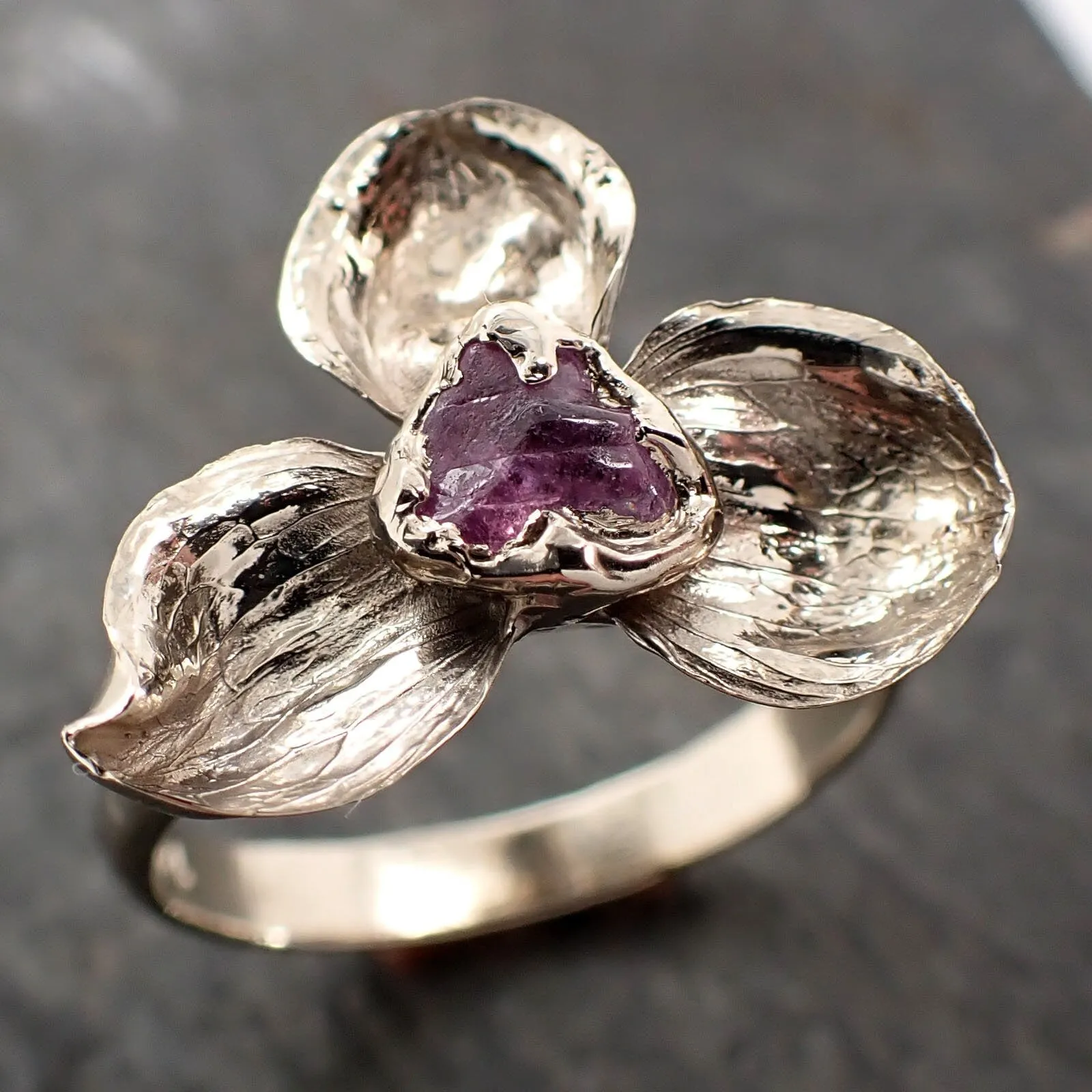 Real Flower and pink Sapphire 14k White gold wedding engagement ring Enchanted Garden Floral Ring byAngeline 2974