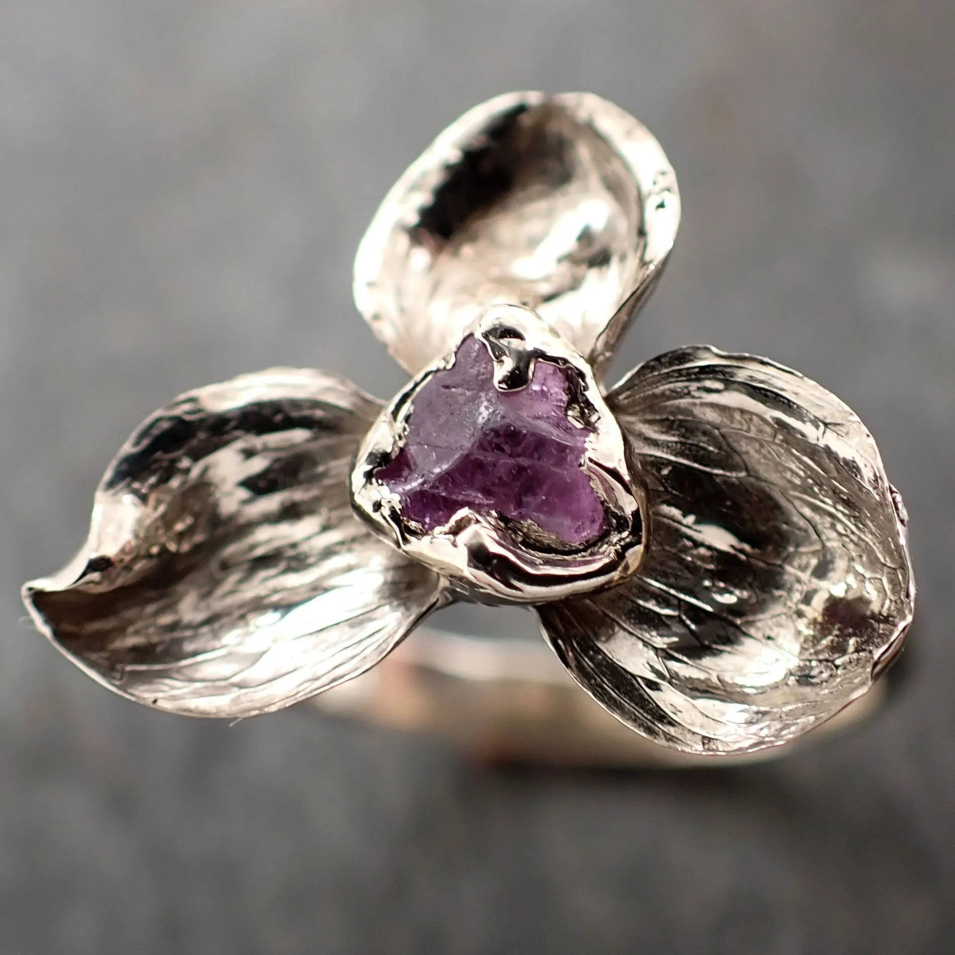Real Flower and pink Sapphire 14k White gold wedding engagement ring Enchanted Garden Floral Ring byAngeline 2974
