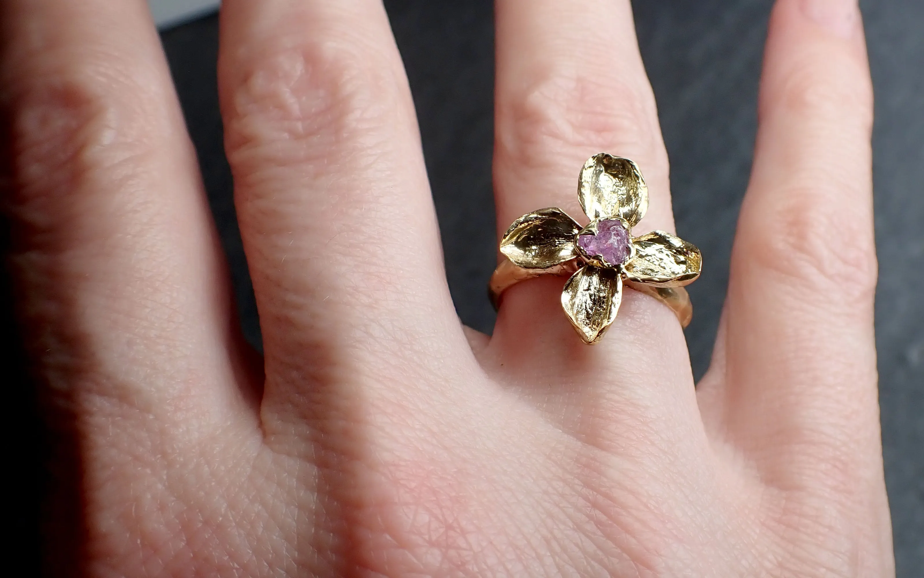 Real Flower and pink Sapphire 18k Yellow gold wedding engagement ring Enchanted Garden Floral Ring byAngeline 3267