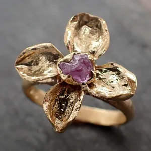 Real Flower and pink Sapphire 18k Yellow gold wedding engagement ring Enchanted Garden Floral Ring byAngeline 3267