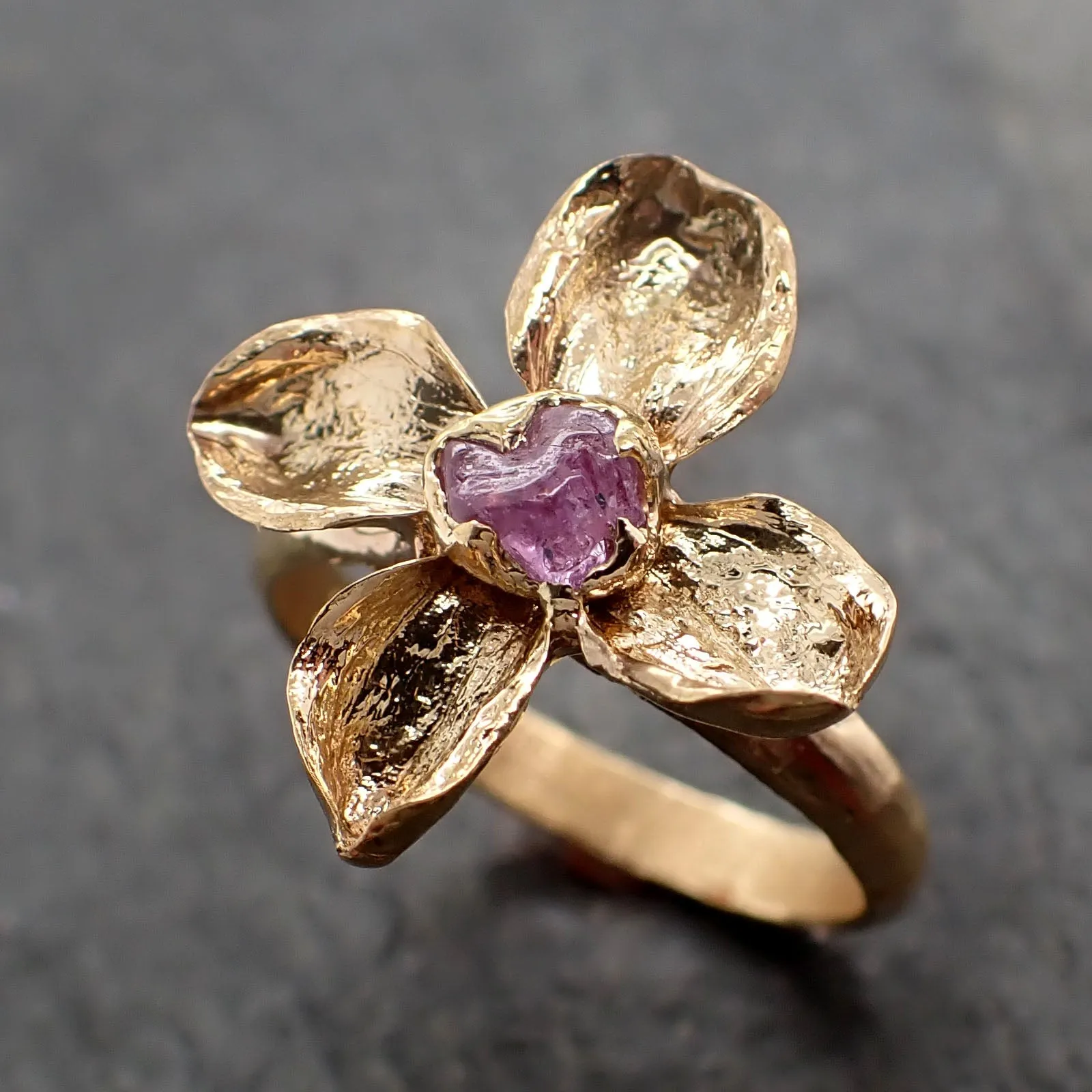 Real Flower and pink Sapphire 18k Yellow gold wedding engagement ring Enchanted Garden Floral Ring byAngeline 3267