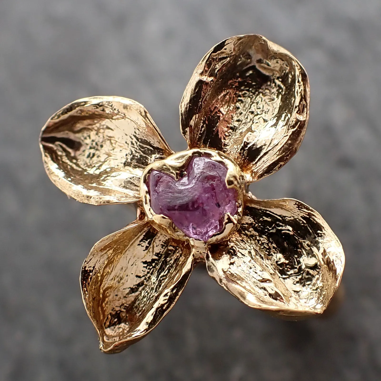 Real Flower and pink Sapphire 18k Yellow gold wedding engagement ring Enchanted Garden Floral Ring byAngeline 3267