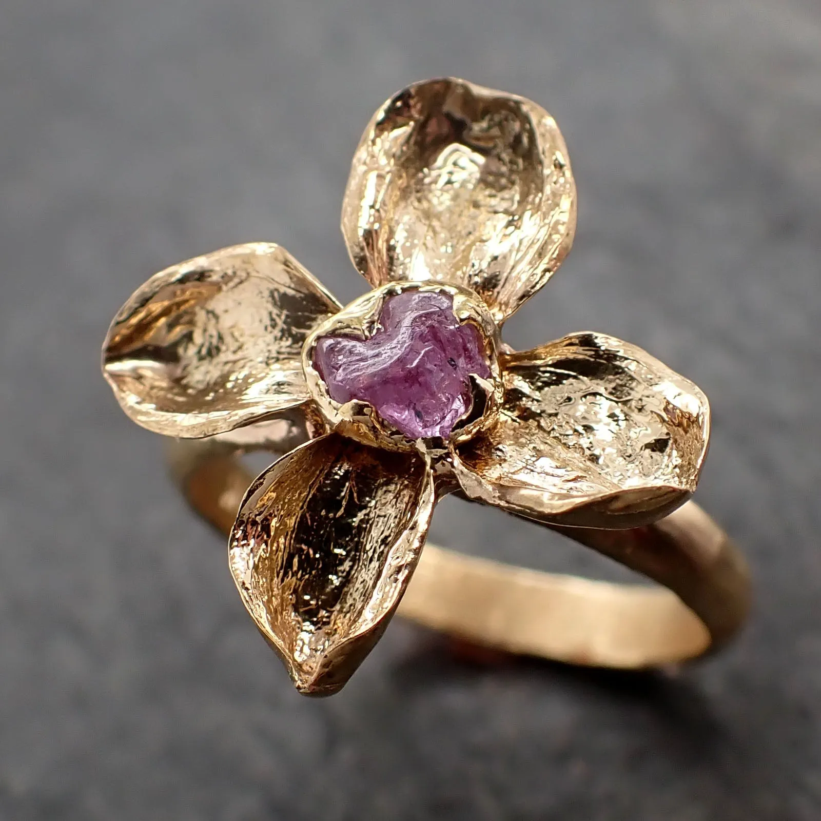 Real Flower and pink Sapphire 18k Yellow gold wedding engagement ring Enchanted Garden Floral Ring byAngeline 3267