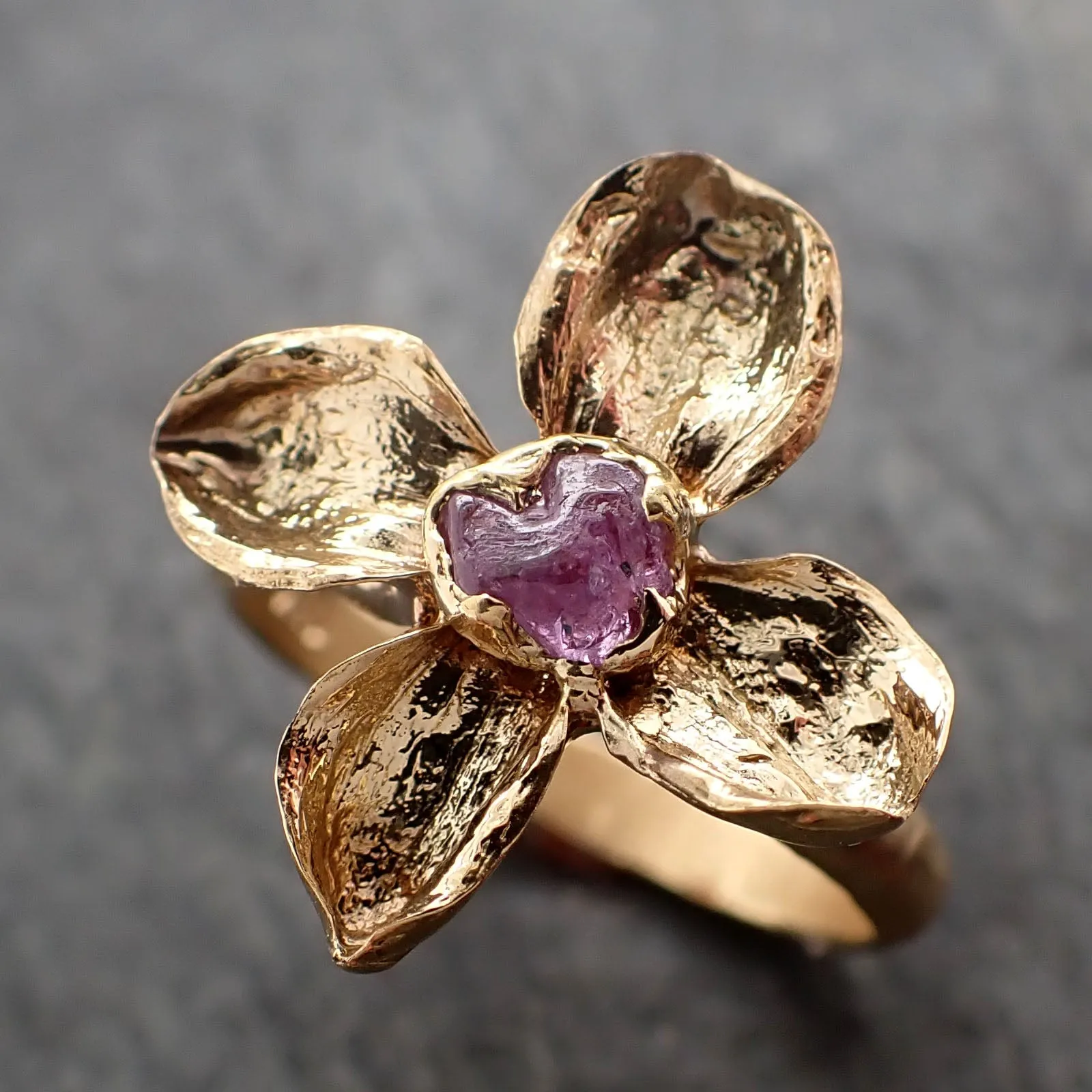 Real Flower and pink Sapphire 18k Yellow gold wedding engagement ring Enchanted Garden Floral Ring byAngeline 3267