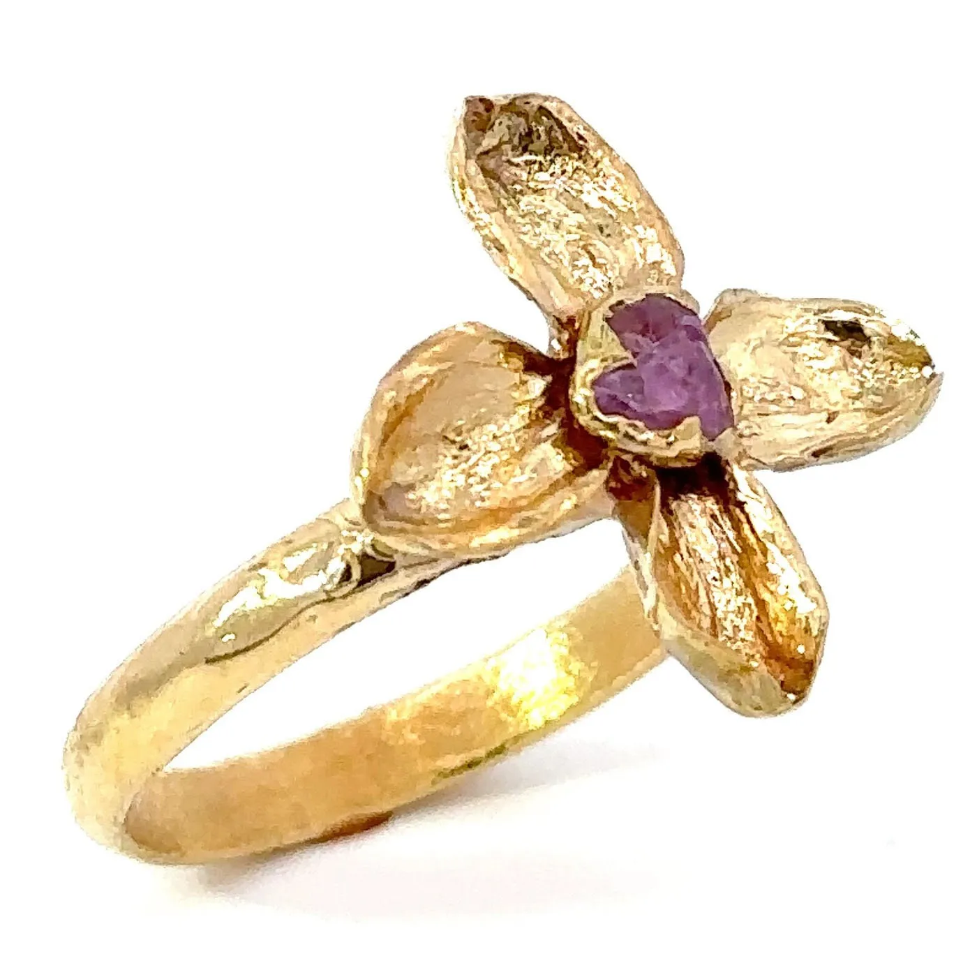 Real Flower and pink Sapphire 18k Yellow gold wedding engagement ring Enchanted Garden Floral Ring byAngeline 3267