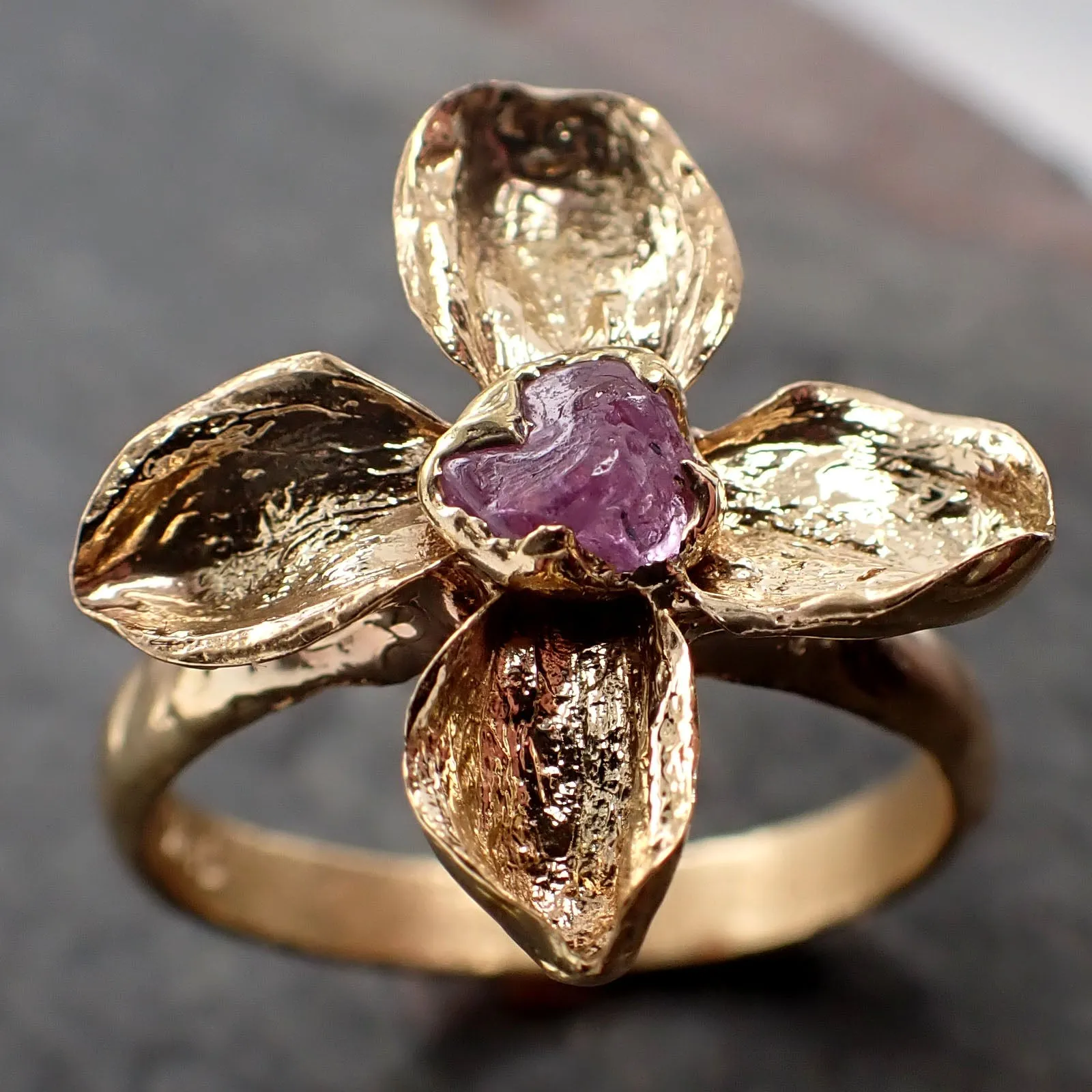 Real Flower and pink Sapphire 18k Yellow gold wedding engagement ring Enchanted Garden Floral Ring byAngeline 3267