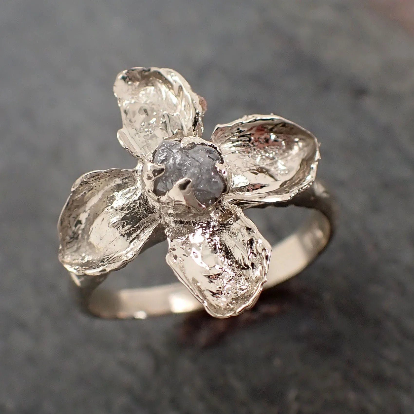 Real Flower and rough diamond 18k White gold wedding engagement ring Enchanted Garden Floral Ring byAngeline 2990