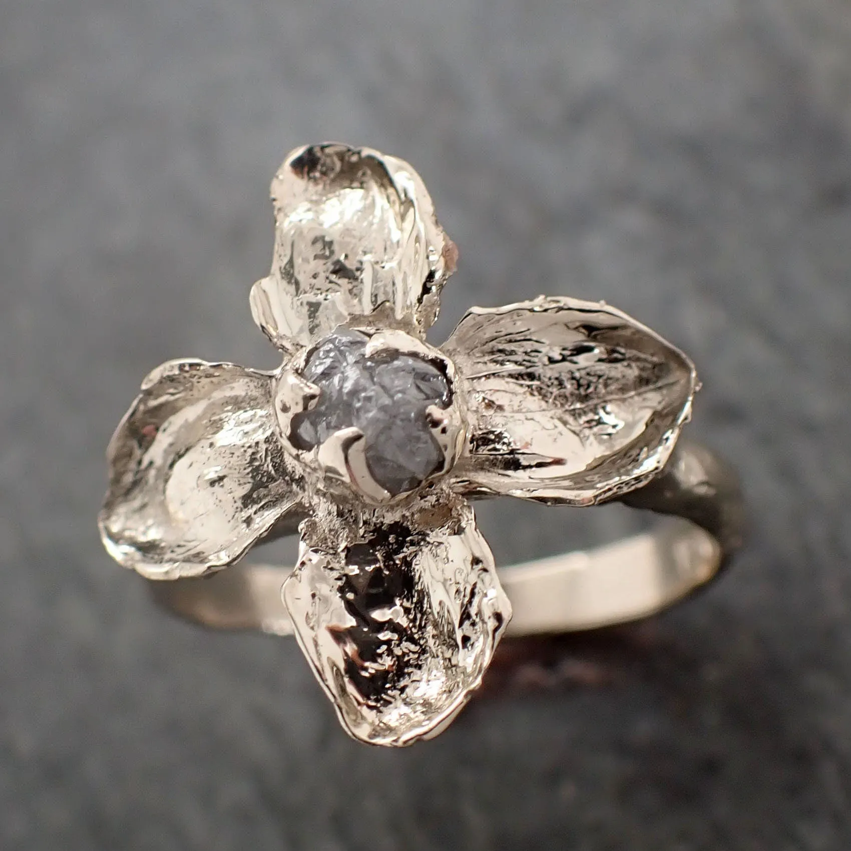 Real Flower and rough diamond 18k White gold wedding engagement ring Enchanted Garden Floral Ring byAngeline 2990