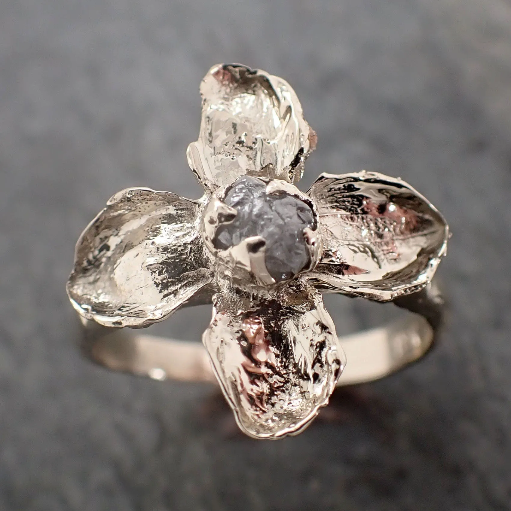 Real Flower and rough diamond 18k White gold wedding engagement ring Enchanted Garden Floral Ring byAngeline 2990