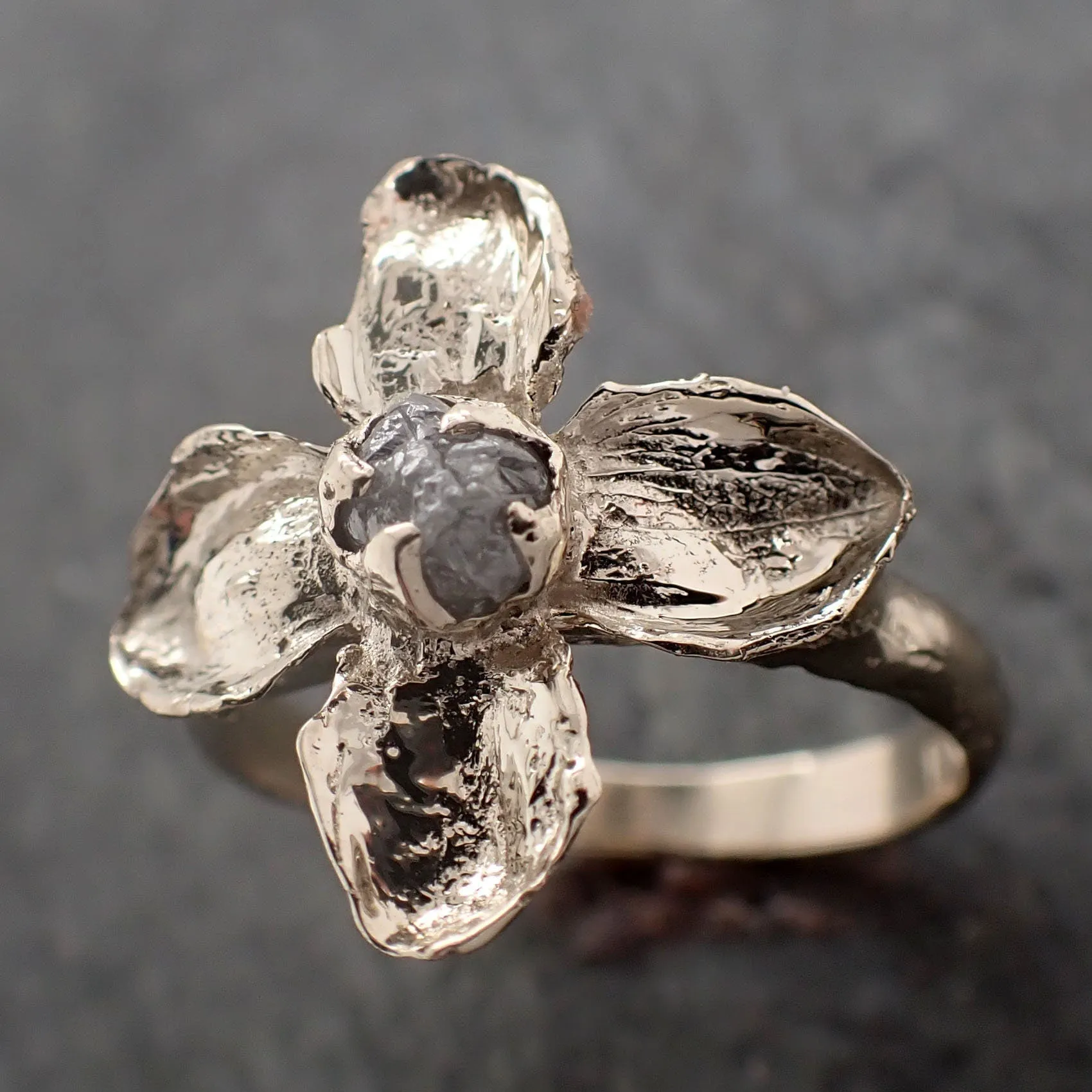 Real Flower and rough diamond 18k White gold wedding engagement ring Enchanted Garden Floral Ring byAngeline 2990