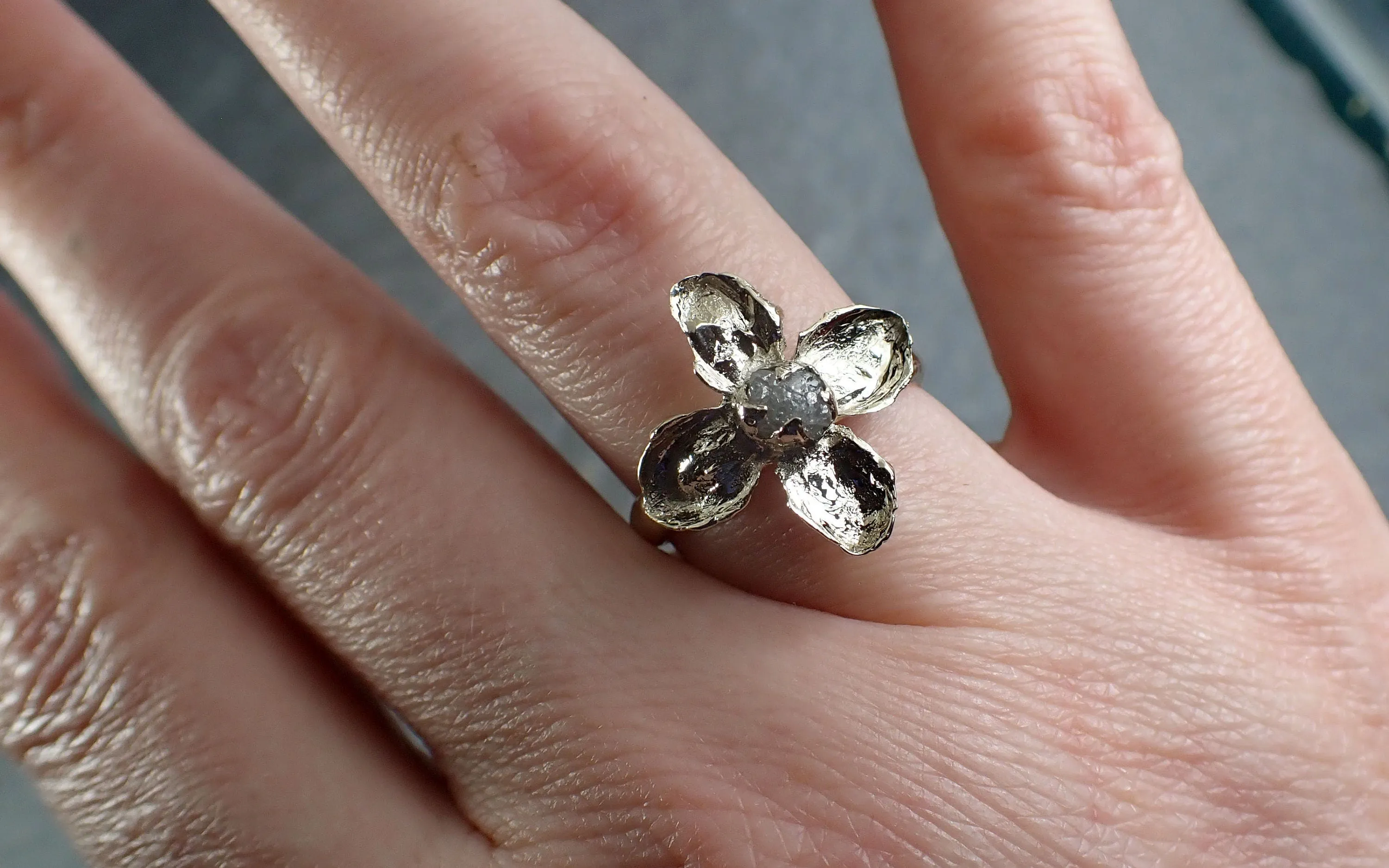 Real Flower and rough diamond 18k White gold wedding engagement ring Enchanted Garden Floral Ring byAngeline 2990