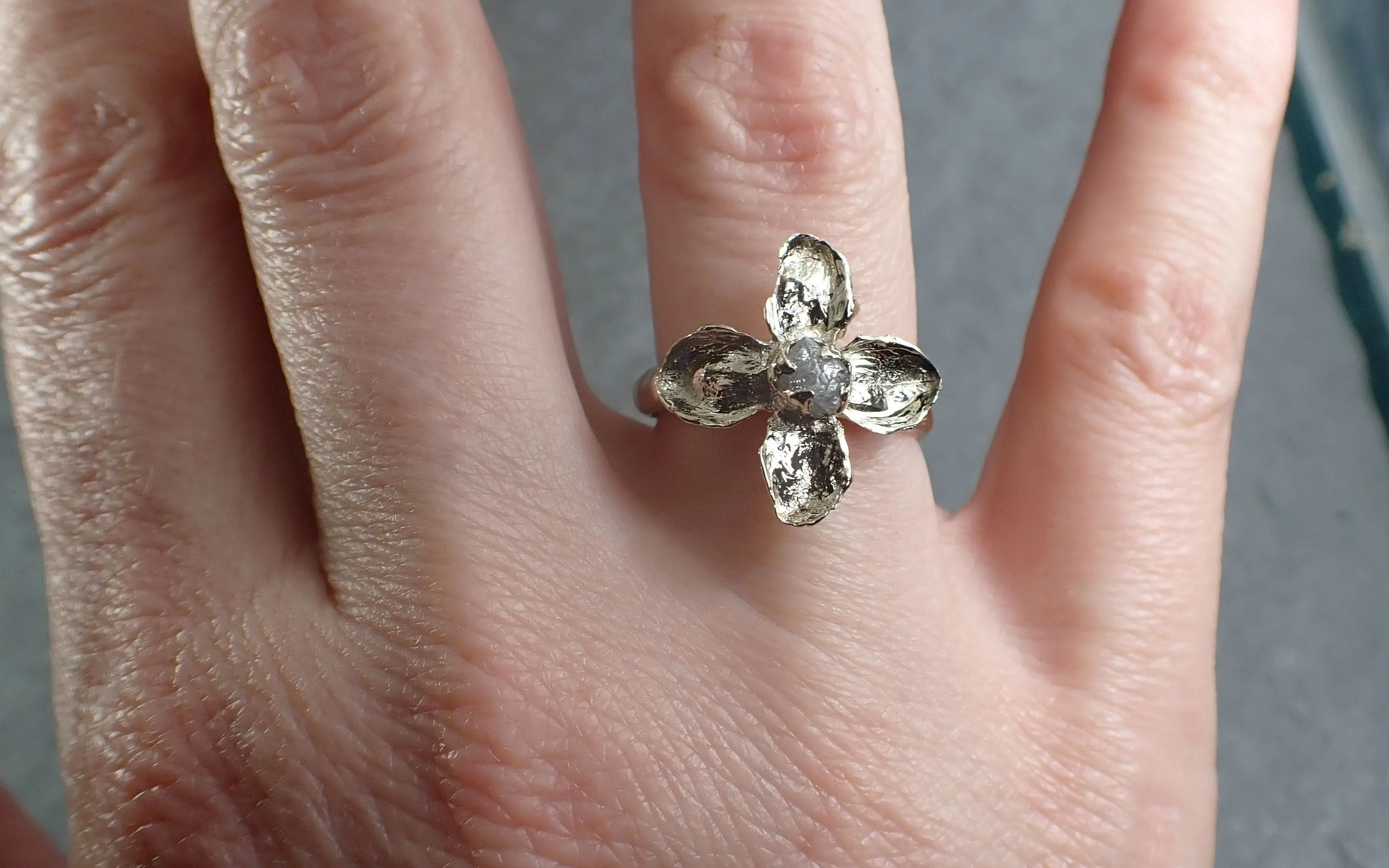 Real Flower and rough diamond 18k White gold wedding engagement ring Enchanted Garden Floral Ring byAngeline 2990