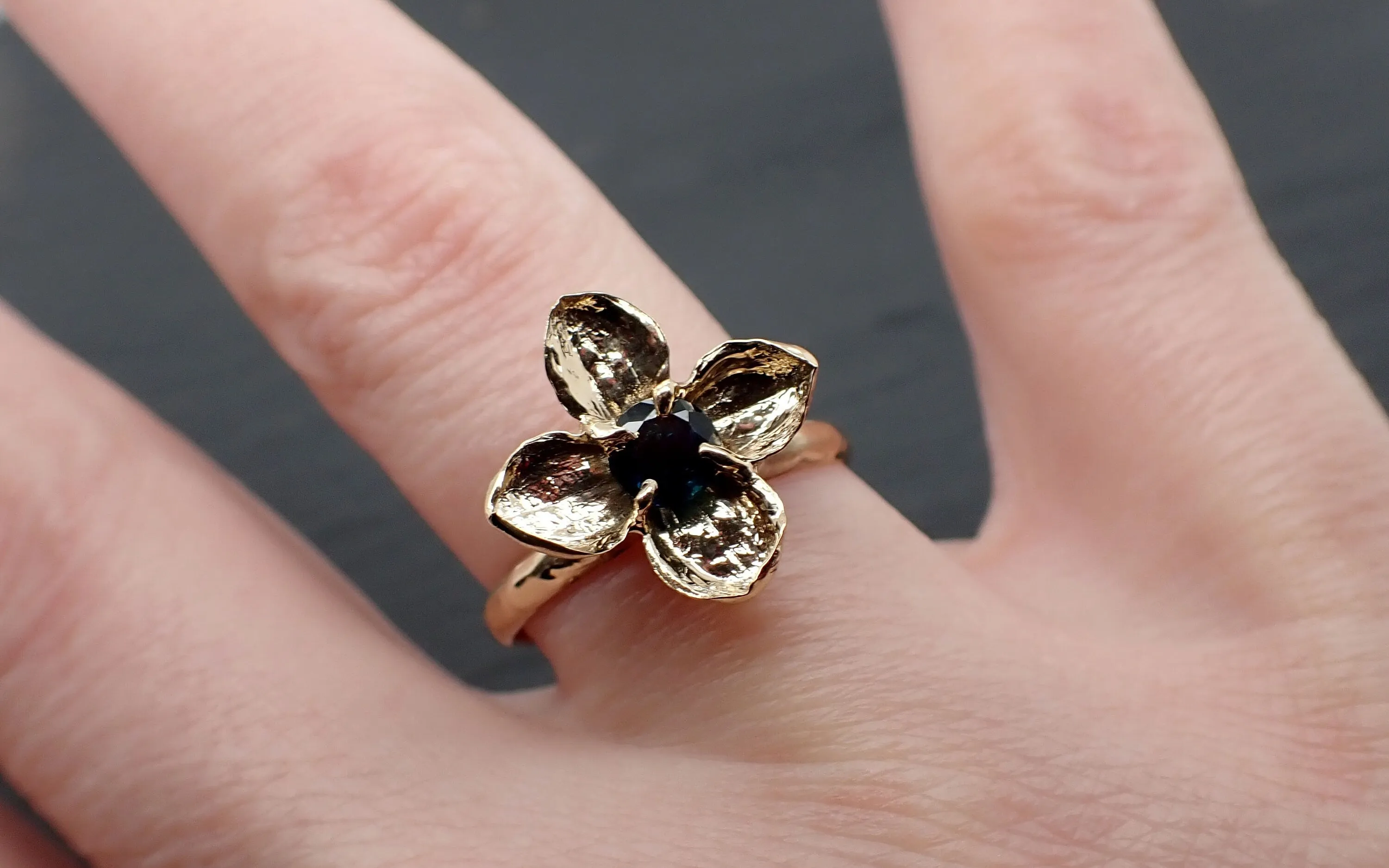 Real Lilac Flower casting with faceted Sapphire 14k Yellow gold Solitaire Enchanted Garden Floral Ring byAngeline 3393
