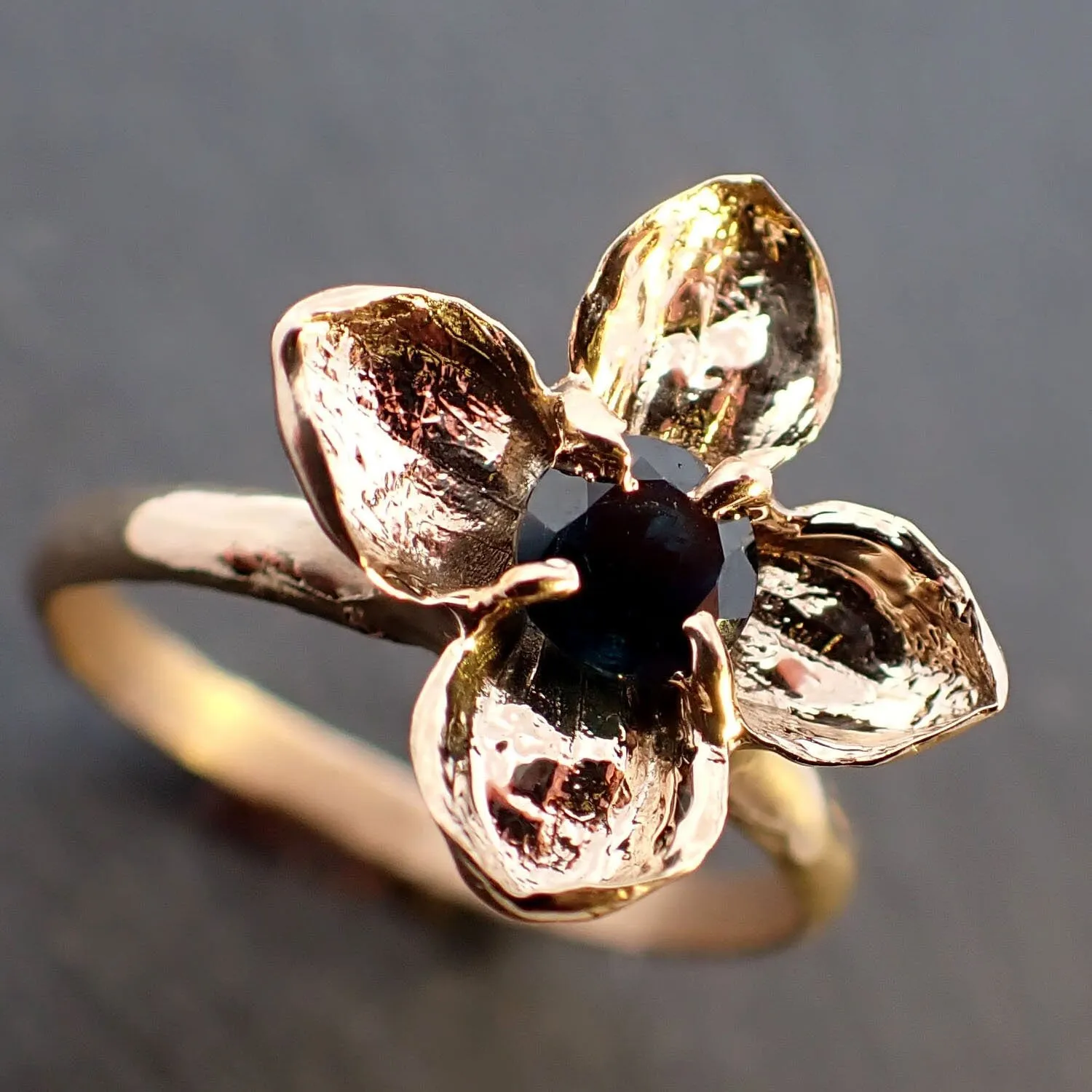 Real Lilac Flower casting with faceted Sapphire 14k Yellow gold Solitaire Enchanted Garden Floral Ring byAngeline 3393