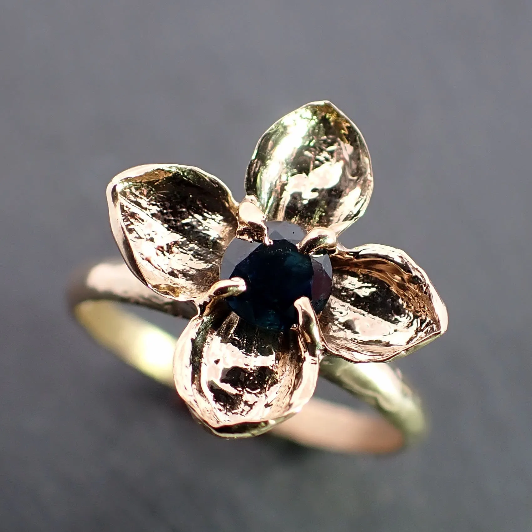 Real Lilac Flower casting with faceted Sapphire 14k Yellow gold Solitaire Enchanted Garden Floral Ring byAngeline 3393