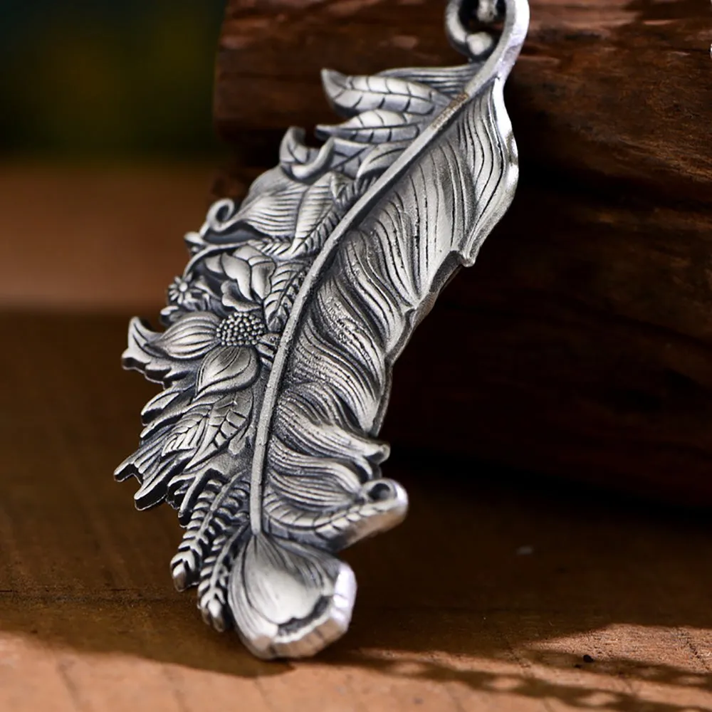 Real Solid 999 Fine Silver Pendants Flowers Plants Leaf Feather Retro Fashion Punk Jewelry