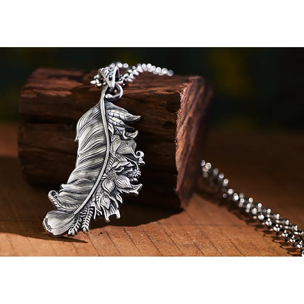 Real Solid 999 Fine Silver Pendants Flowers Plants Leaf Feather Retro Fashion Punk Jewelry