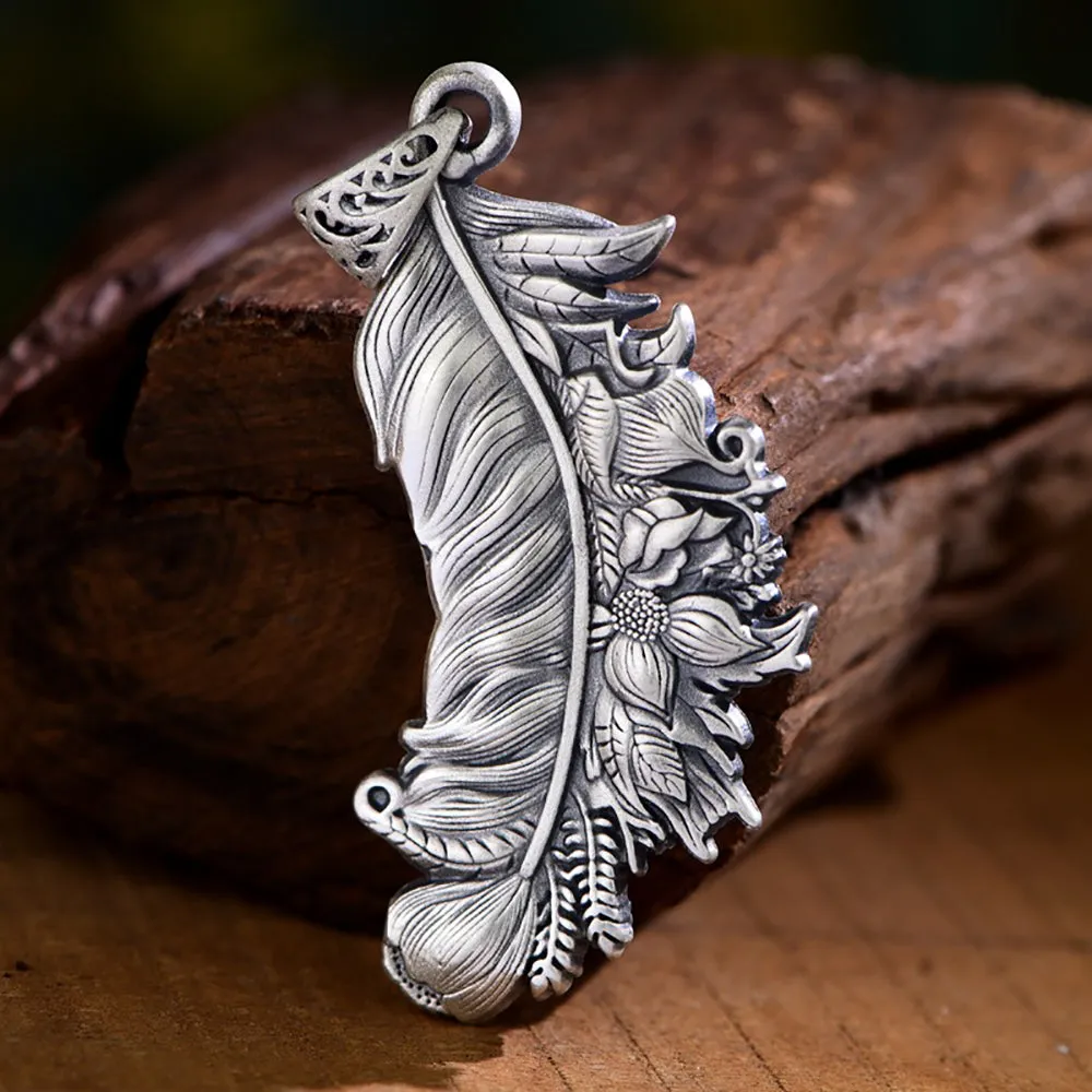 Real Solid 999 Fine Silver Pendants Flowers Plants Leaf Feather Retro Fashion Punk Jewelry