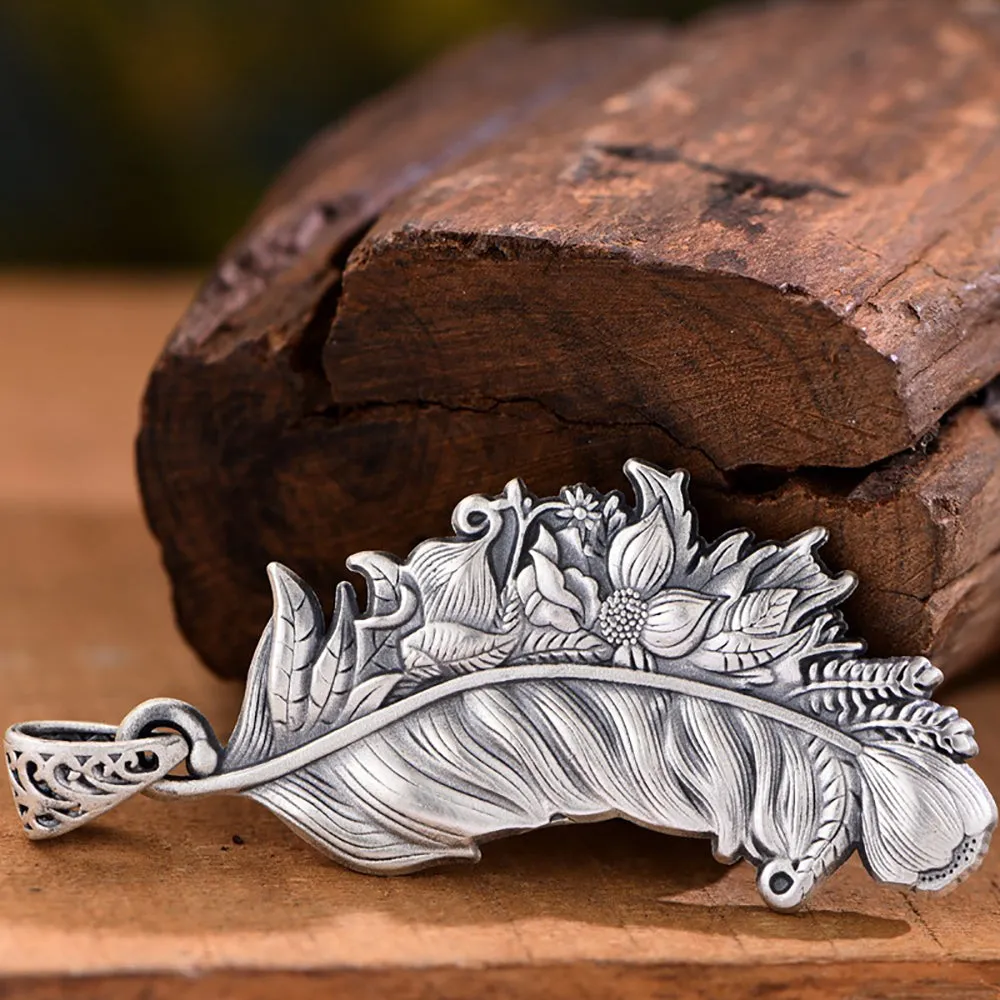 Real Solid 999 Fine Silver Pendants Flowers Plants Leaf Feather Retro Fashion Punk Jewelry