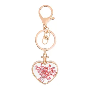 Red Pressed Gypsophila & 18K Gold-Plated Heart Key Chain