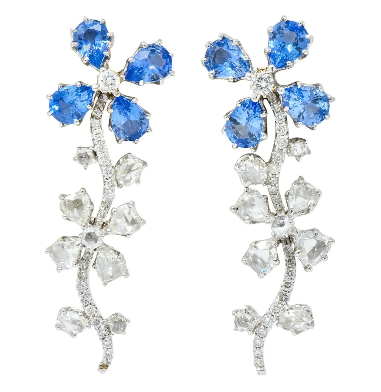 Retro 11.52 CTW Diamond Sapphire Platinum Articulated Flower Earrings