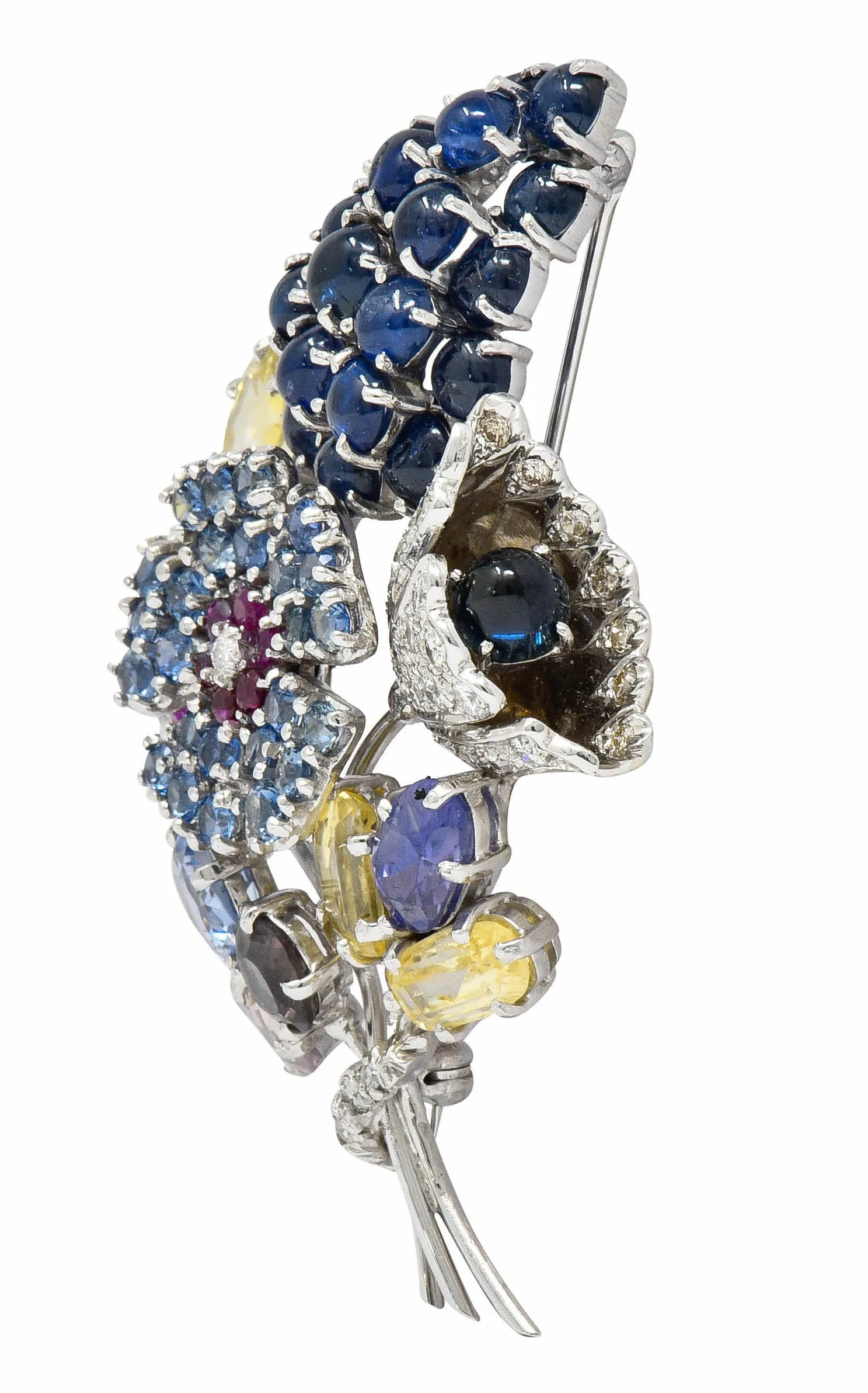 Retro 25.90 CTW Sapphire Diamond 14 Karat White Gold Bouquet Brooch