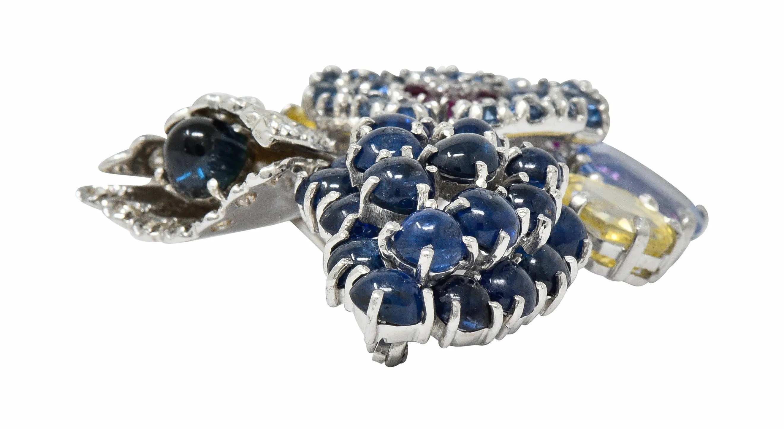 Retro 25.90 CTW Sapphire Diamond 14 Karat White Gold Bouquet Brooch