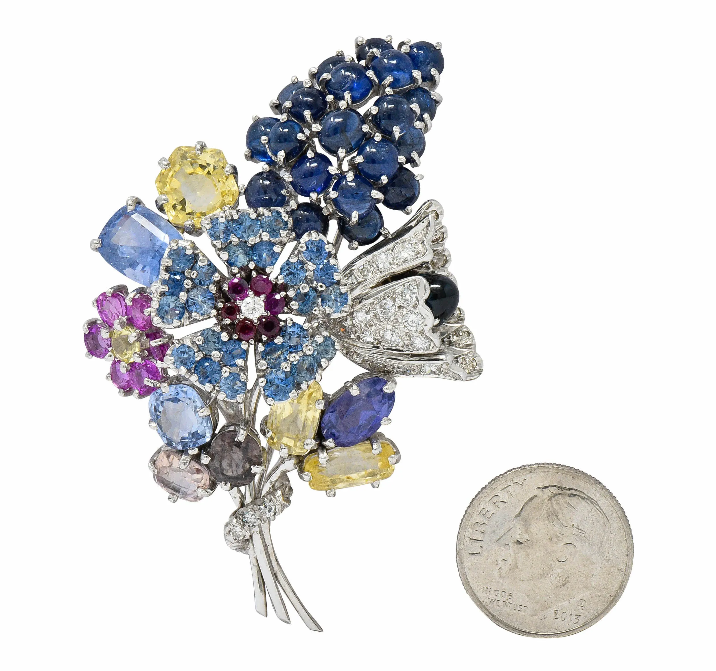 Retro 25.90 CTW Sapphire Diamond 14 Karat White Gold Bouquet Brooch