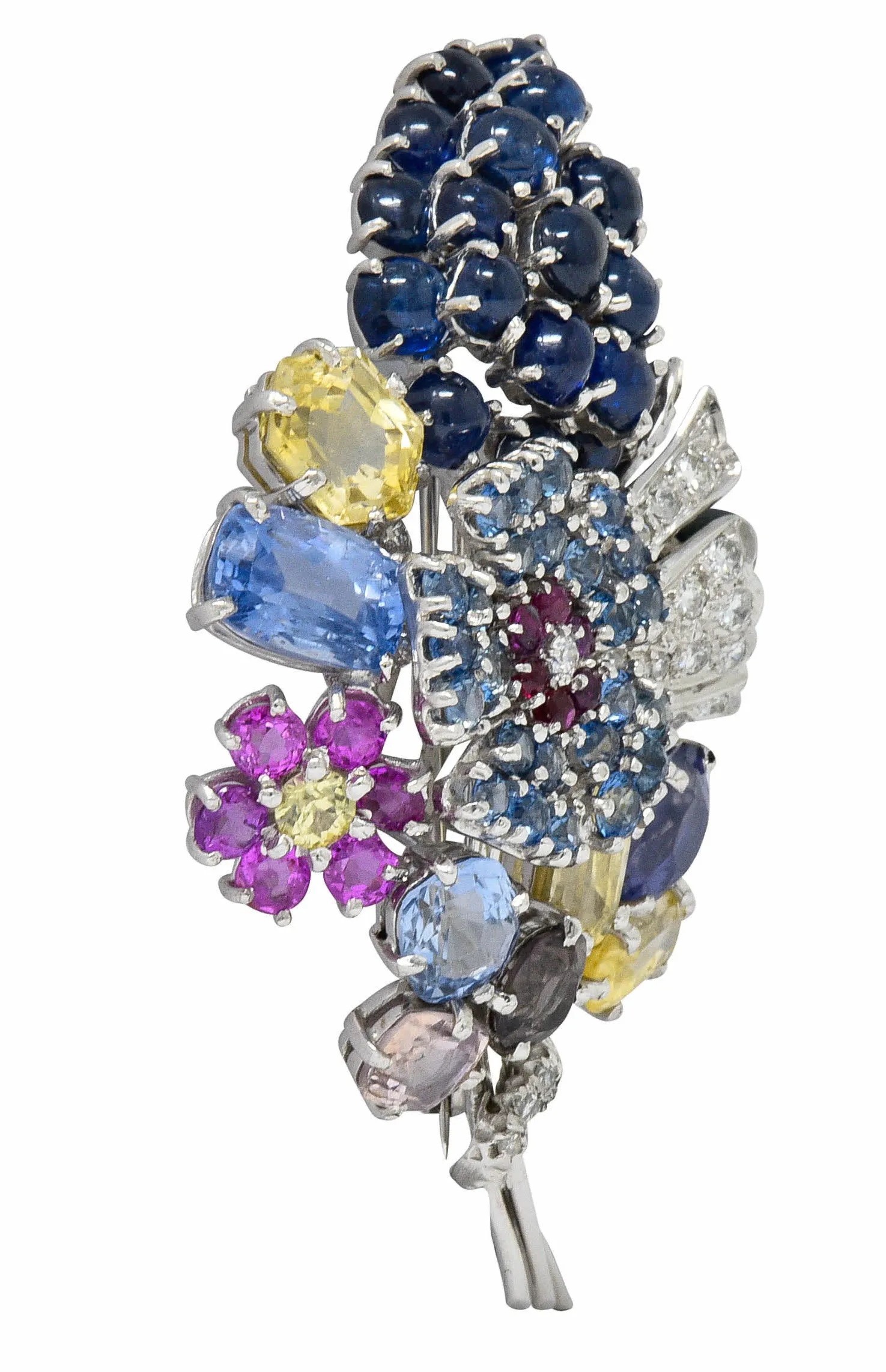 Retro 25.90 CTW Sapphire Diamond 14 Karat White Gold Bouquet Brooch