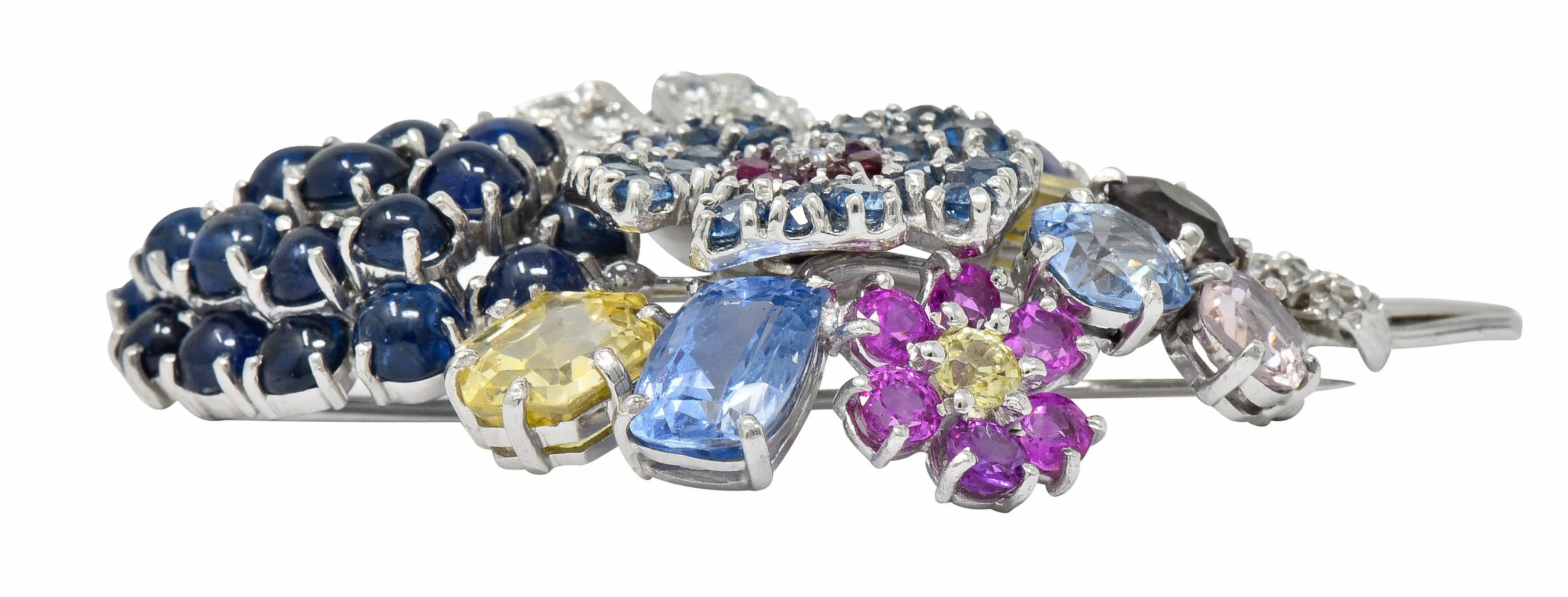 Retro 25.90 CTW Sapphire Diamond 14 Karat White Gold Bouquet Brooch