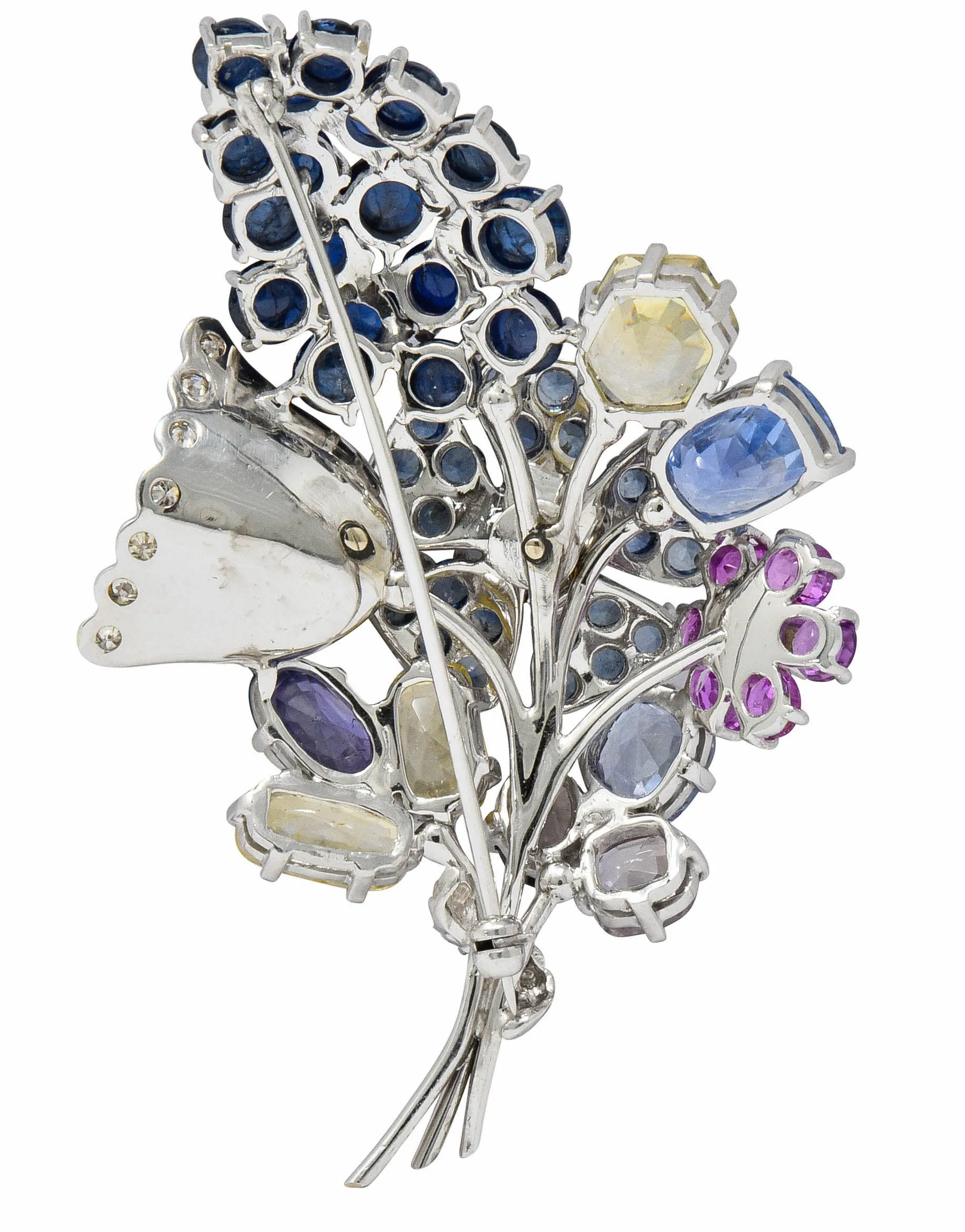 Retro 25.90 CTW Sapphire Diamond 14 Karat White Gold Bouquet Brooch