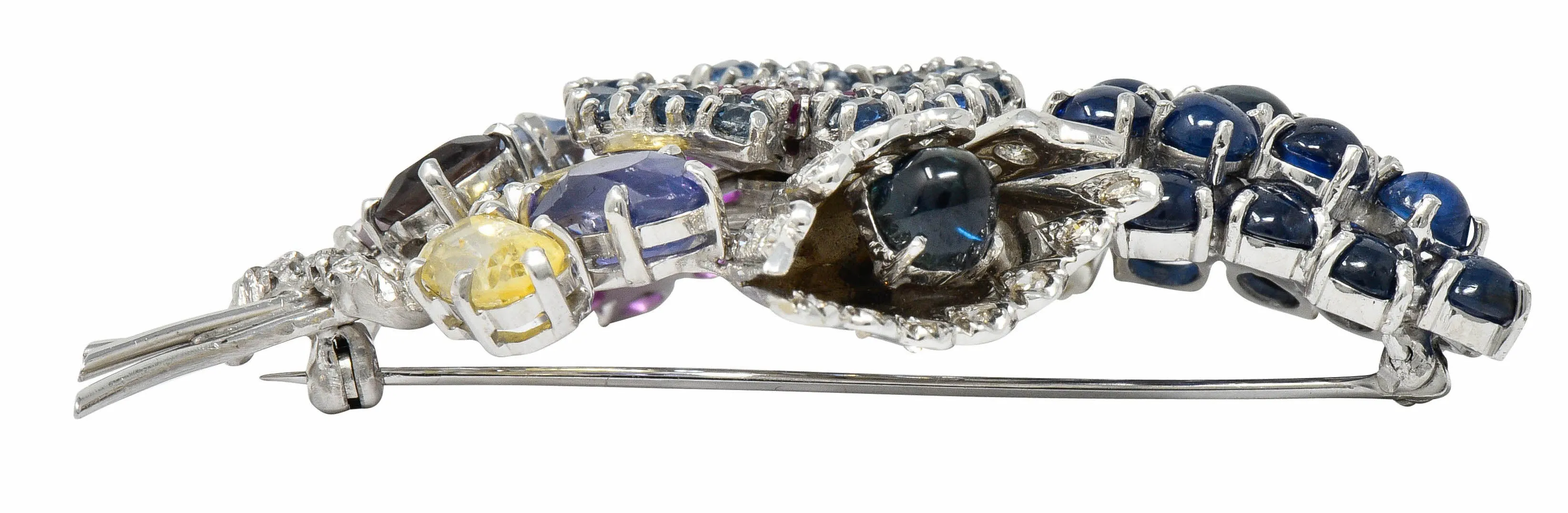 Retro 25.90 CTW Sapphire Diamond 14 Karat White Gold Bouquet Brooch