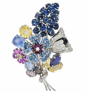 Retro 25.90 CTW Sapphire Diamond 14 Karat White Gold Bouquet Brooch