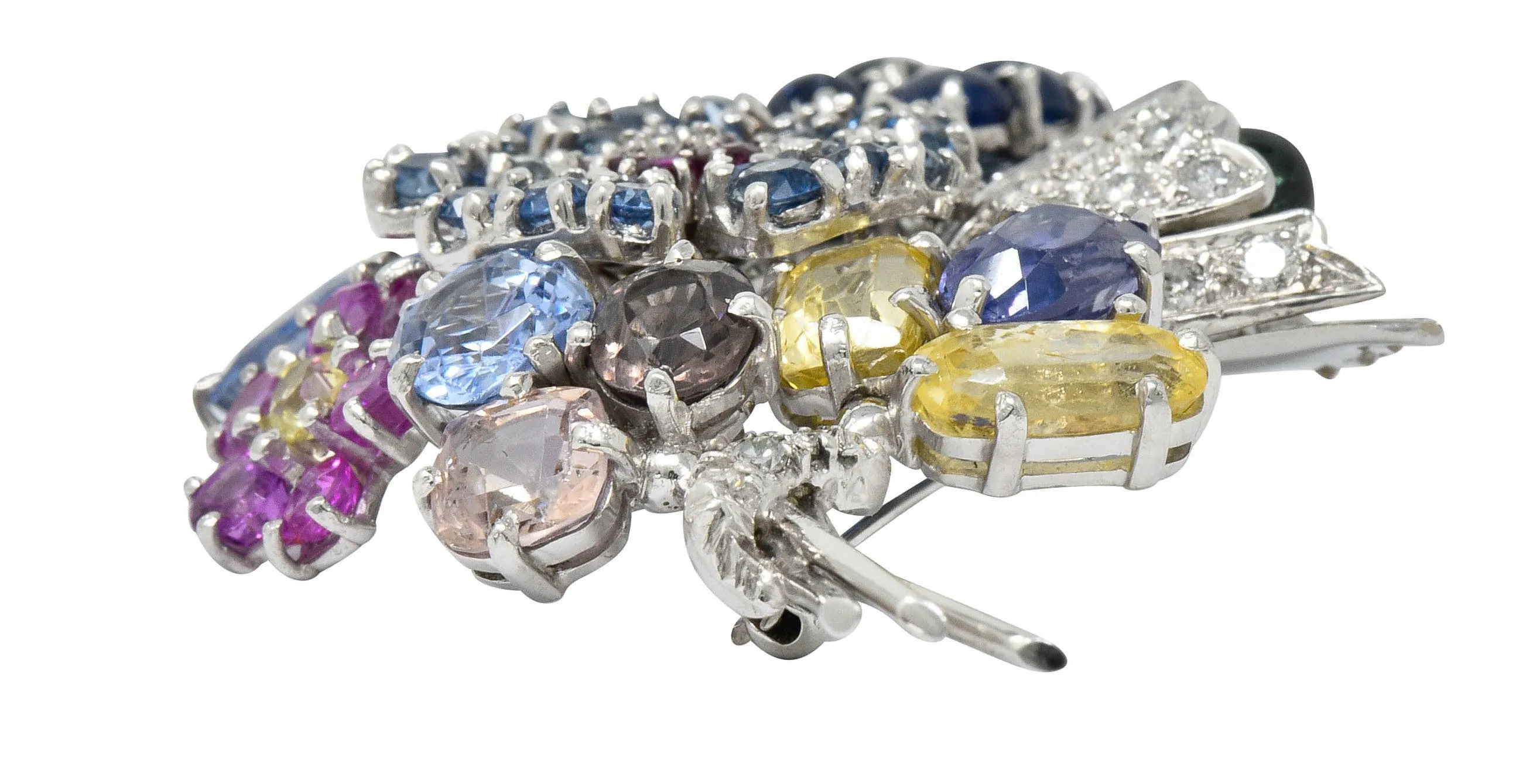 Retro 25.90 CTW Sapphire Diamond 14 Karat White Gold Bouquet Brooch